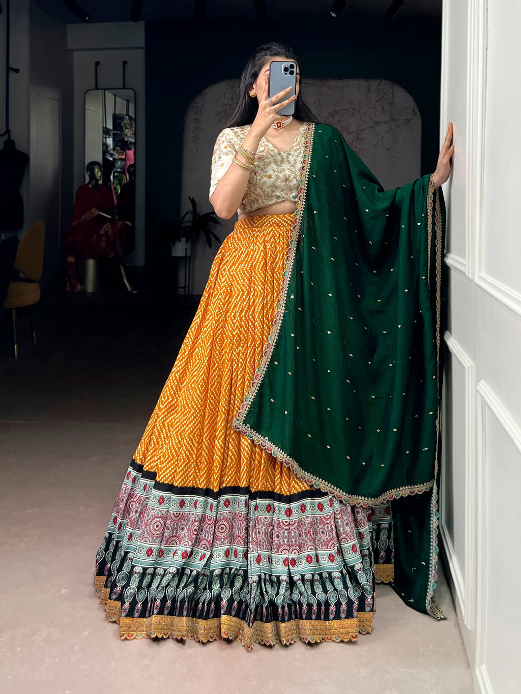 Lorenvalley Fashion Yellow Rayon Bandhej and Ajrakh Print with Sequins and Thread Embroidery Lehenga Choli with Dupatta