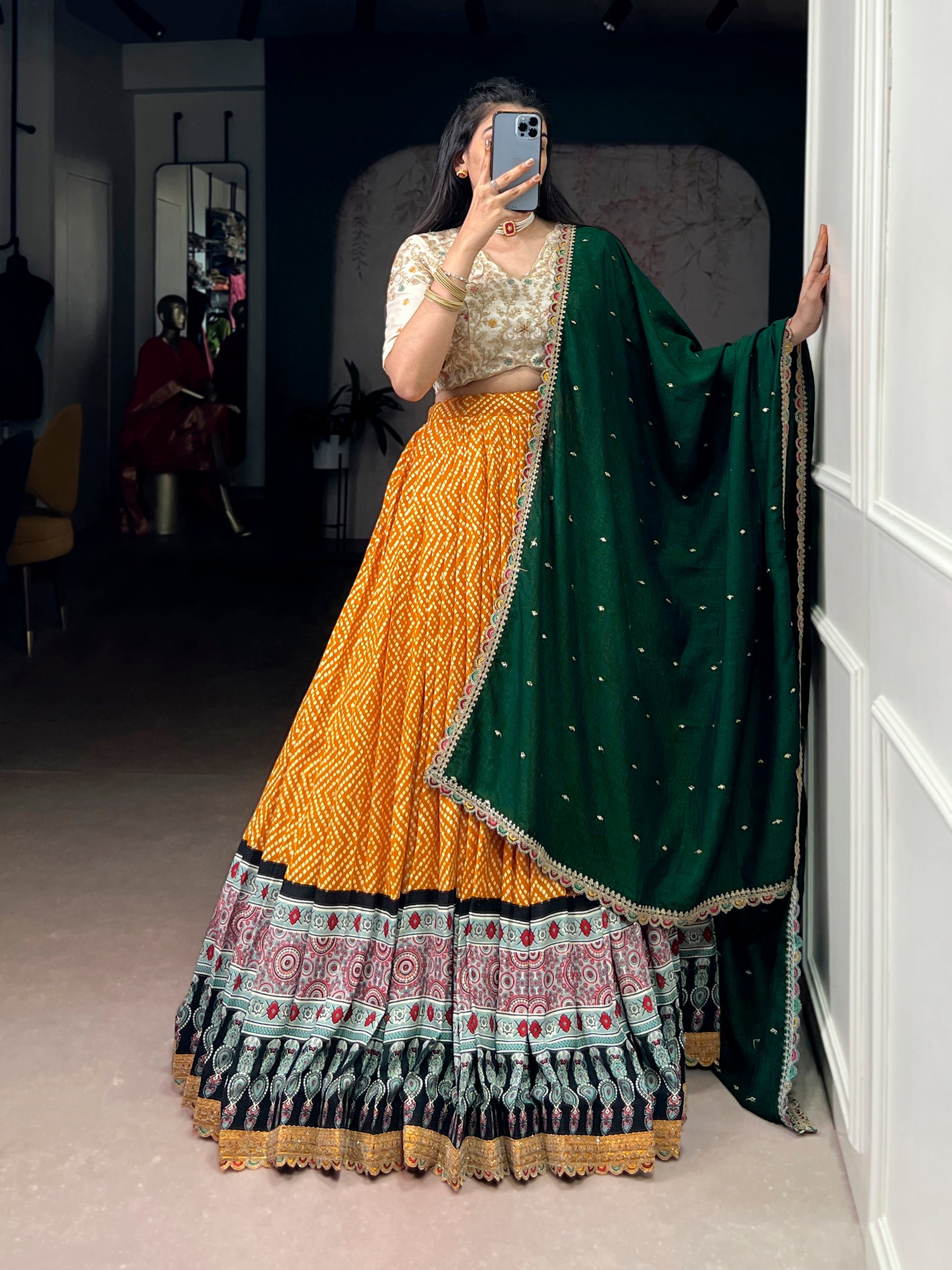 Lorenvalley Fashion Yellow Rayon Bandhej and Ajrakh Print with Sequins and Thread Embroidery Lehenga Choli with Dupatta