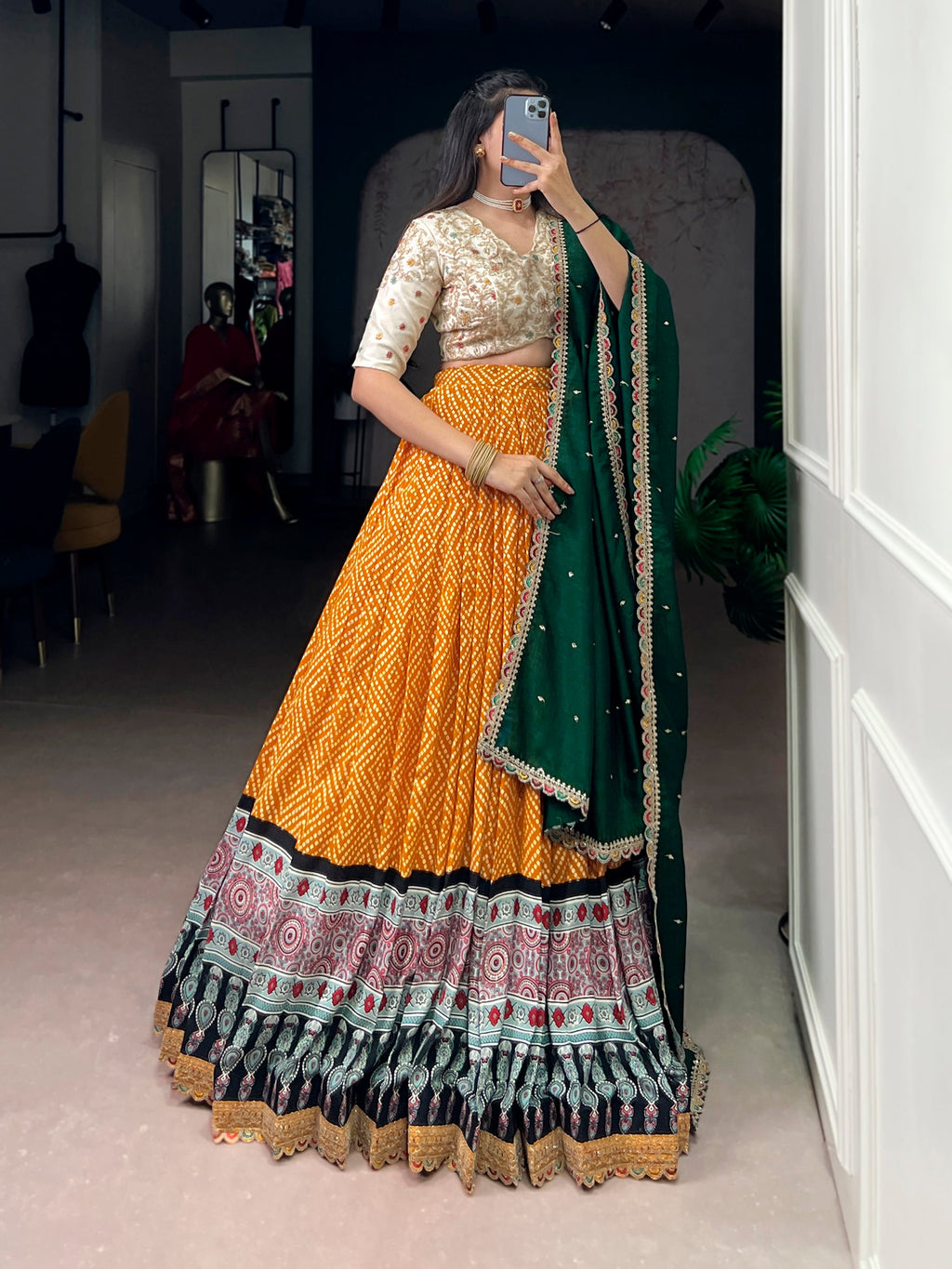 Lorenvalley Fashion Yellow Rayon Bandhej and Ajrakh Print with Sequins and Thread Embroidery Lehenga Choli with Dupatta