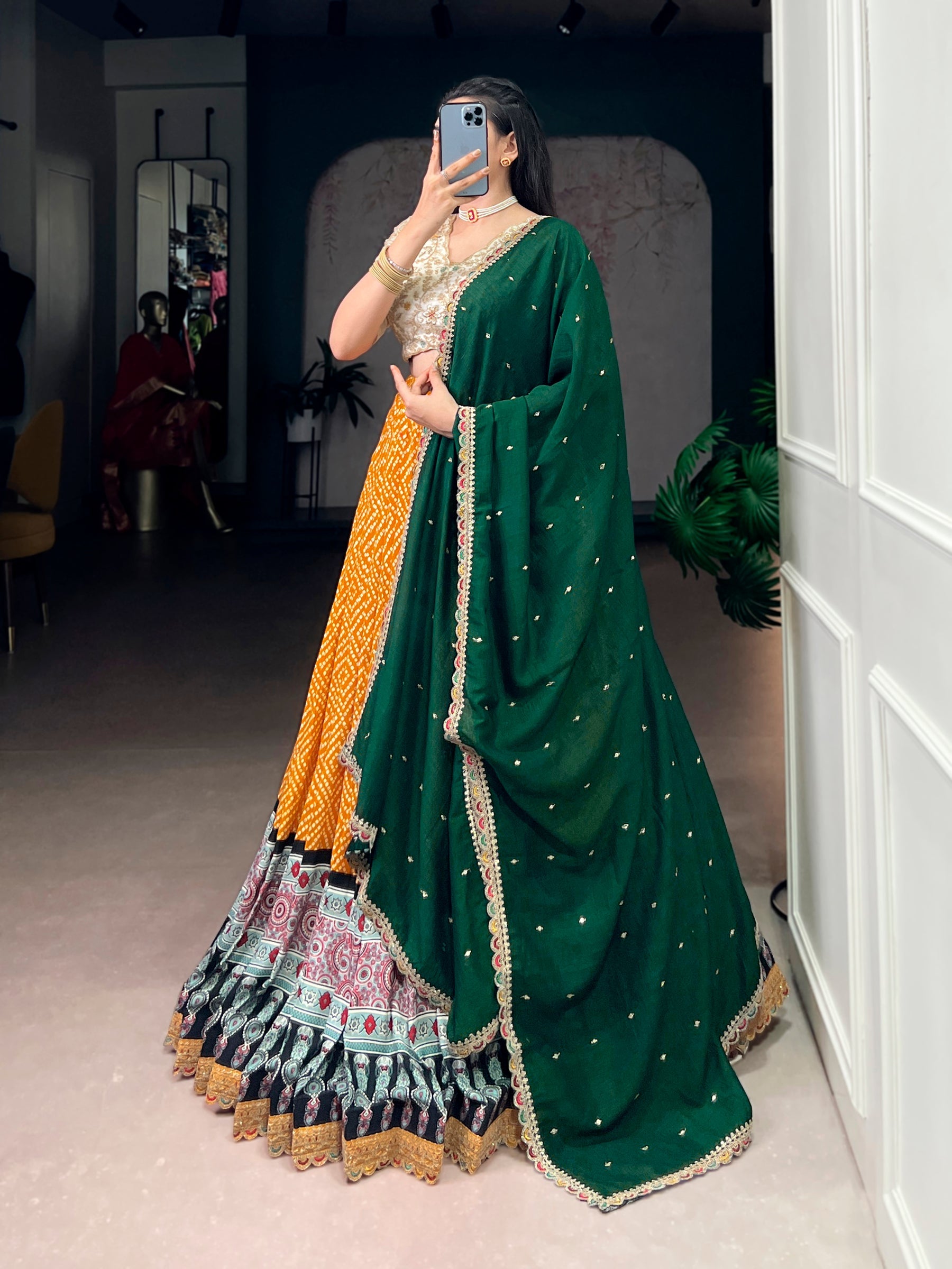 Lorenvalley Fashion Yellow Rayon Bandhej and Ajrakh Print with Sequins and Thread Embroidery Lehenga Choli with Dupatta