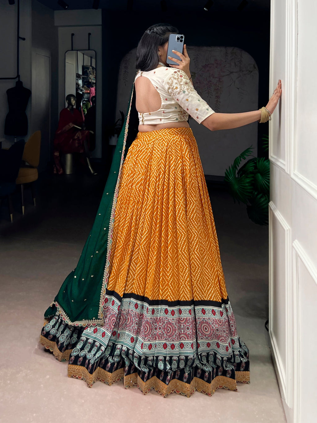 Lorenvalley Fashion Yellow Rayon Bandhej and Ajrakh Print with Sequins and Thread Embroidery Lehenga Choli with Dupatta