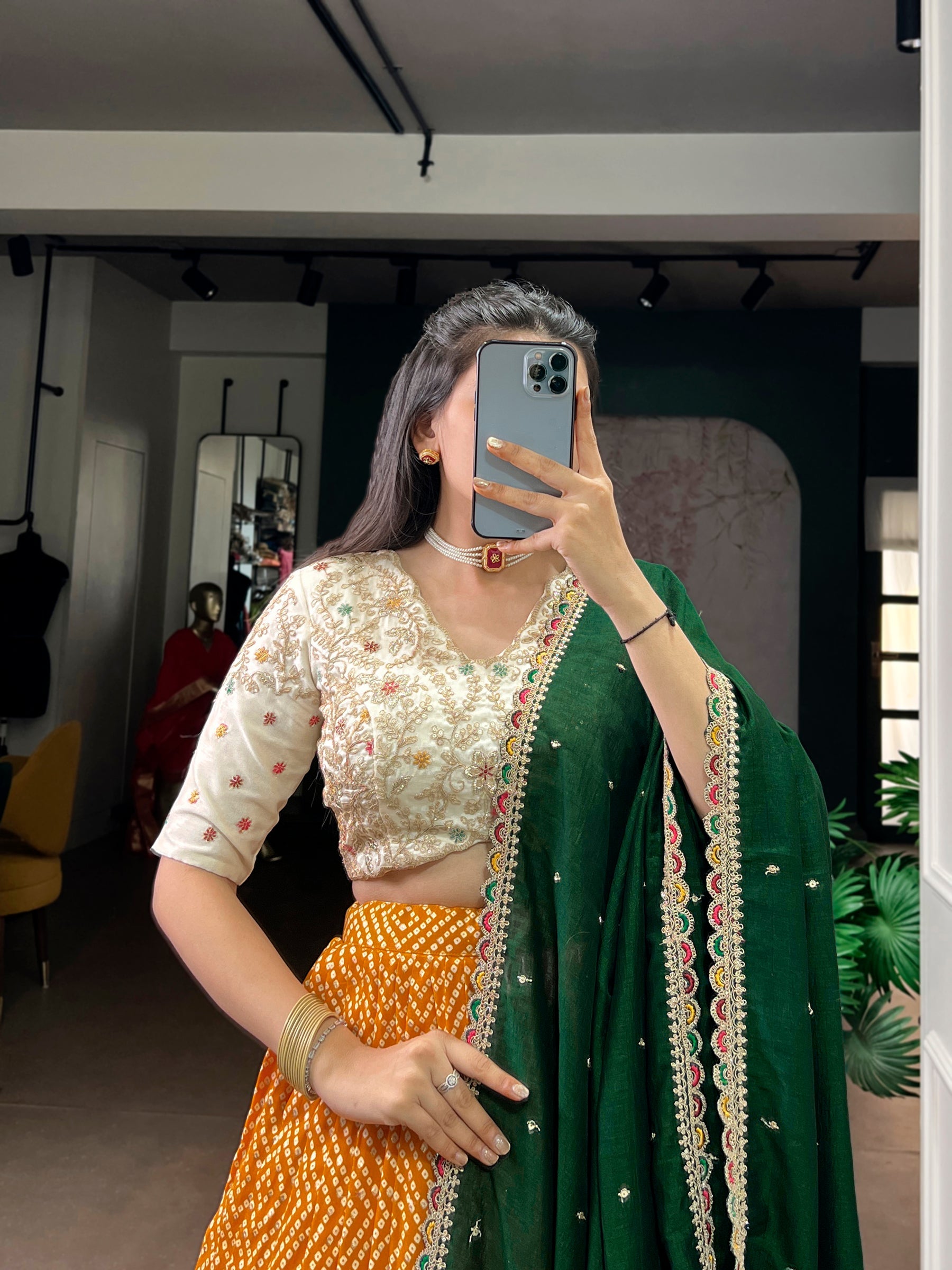 Lorenvalley Fashion Yellow Rayon Bandhej and Ajrakh Print with Sequins and Thread Embroidery Lehenga Choli with Dupatta