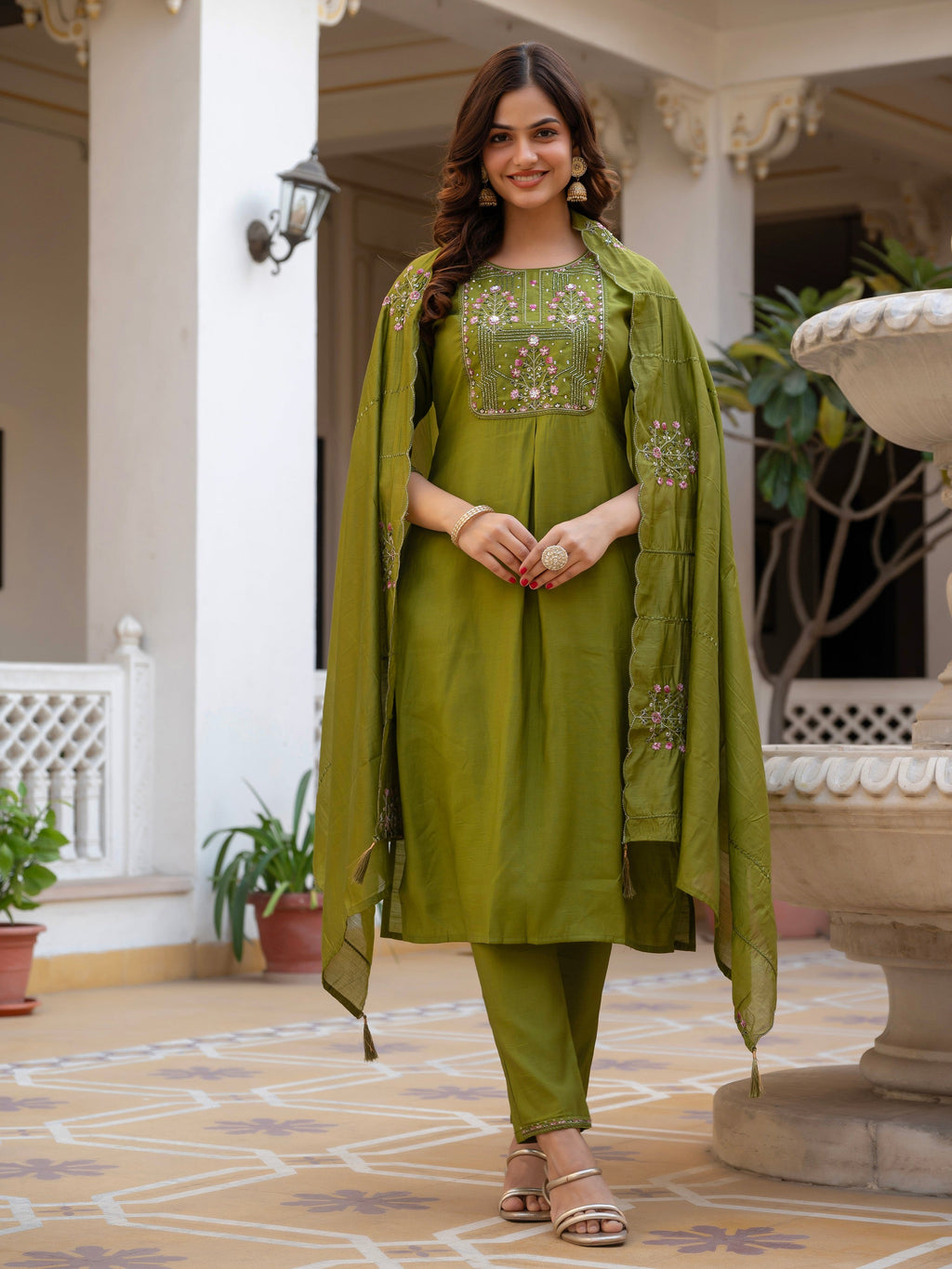 Vedant Vastram Viscose Silk Hand Work & Embroidery Work Stitched Salwar Suit Set-Mehandi