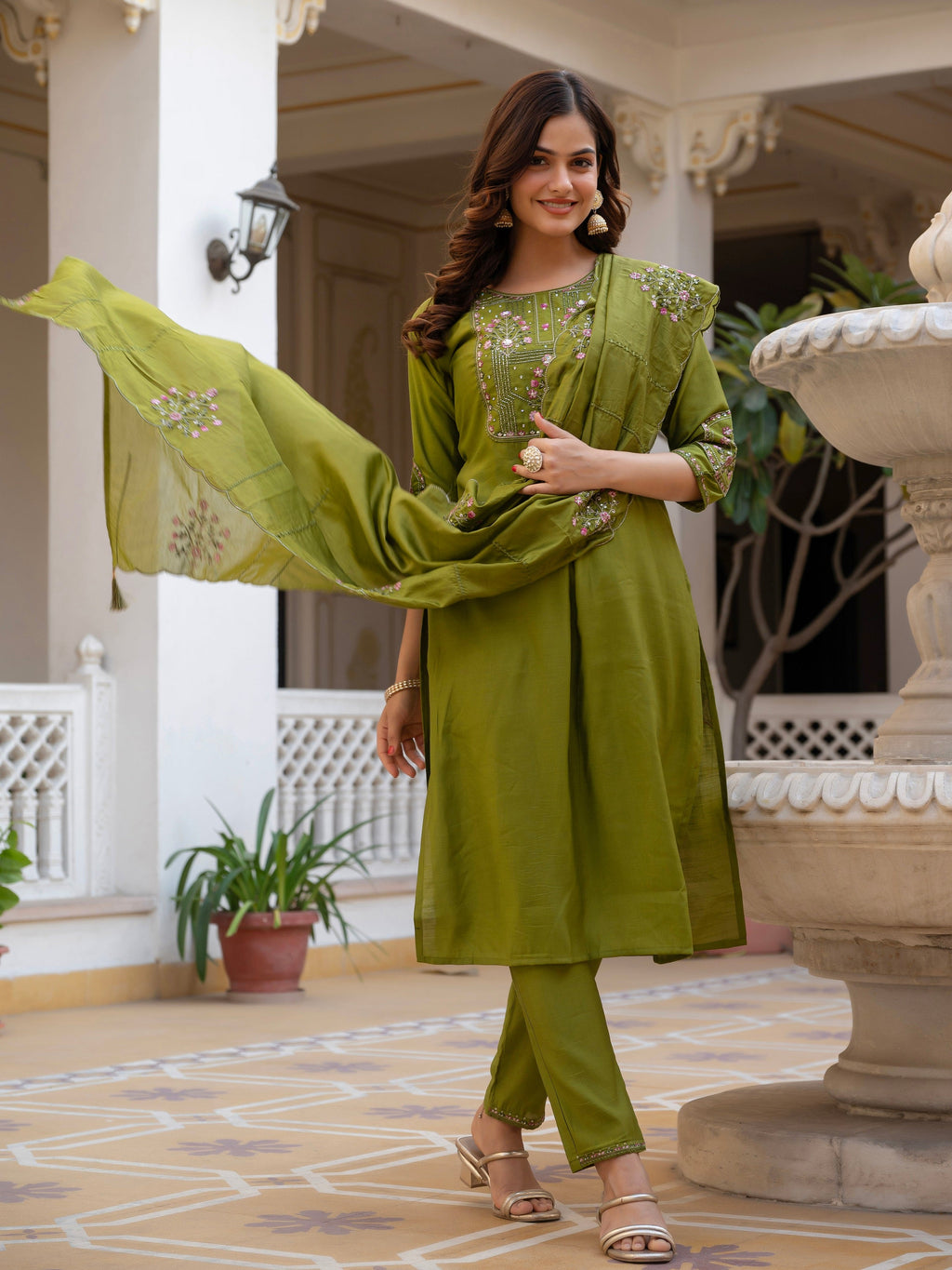 Vedant Vastram Viscose Silk Hand Work & Embroidery Work Stitched Salwar Suit Set-Mehandi