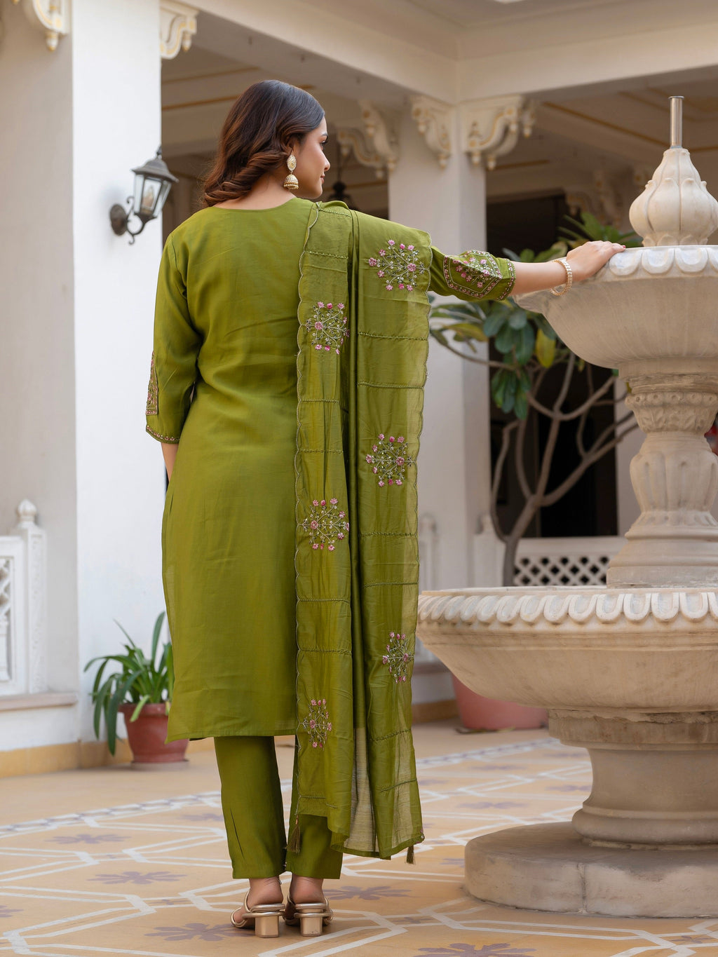 Vedant Vastram Viscose Silk Hand Work & Embroidery Work Stitched Salwar Suit Set-Mehandi