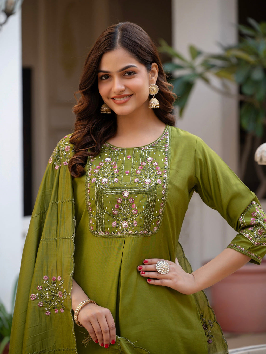 Vedant Vastram Viscose Silk Hand Work & Embroidery Work Stitched Salwar Suit Set-Mehandi