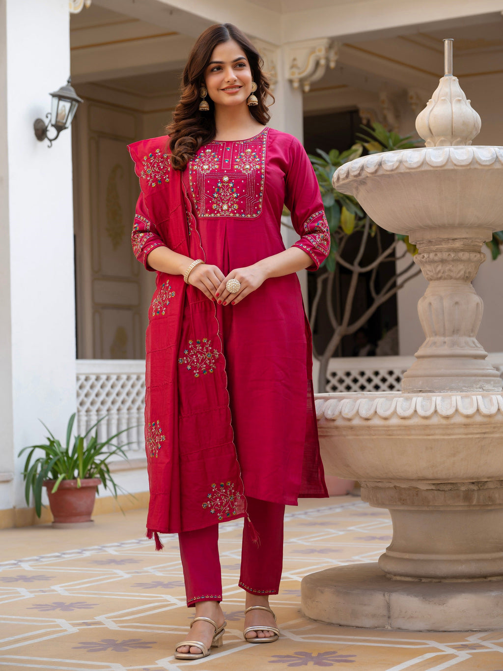 Vedant Vastram Viscose Silk Hand Work & Embroidery Work Stitched Salwar Suit Set-Pink