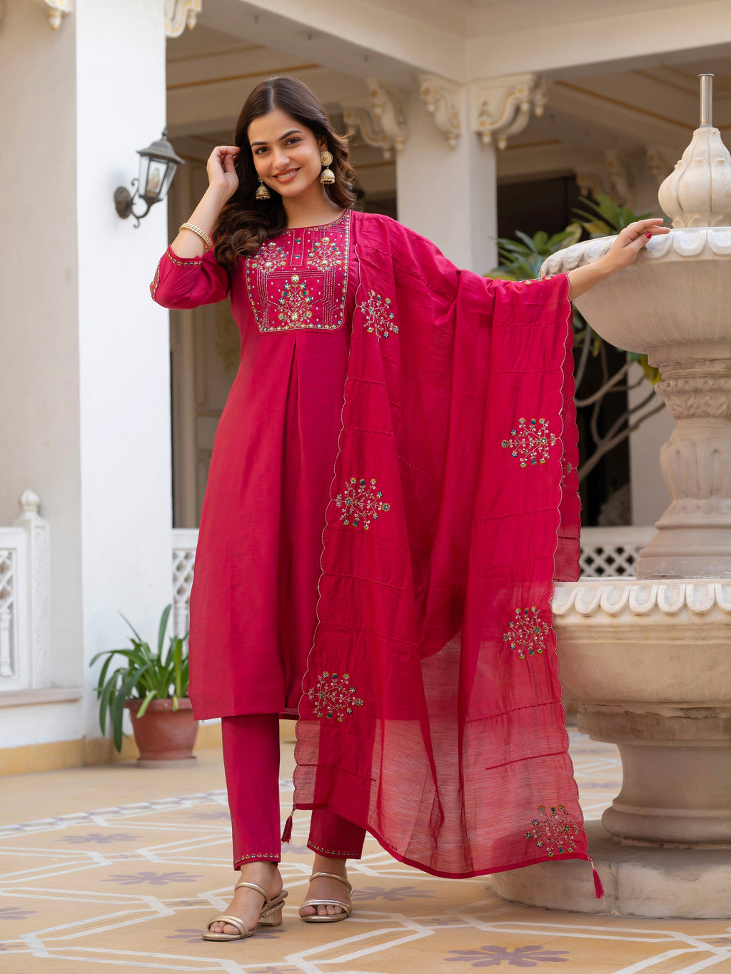Vedant Vastram Viscose Silk Hand Work & Embroidery Work Stitched Salwar Suit Set-Pink