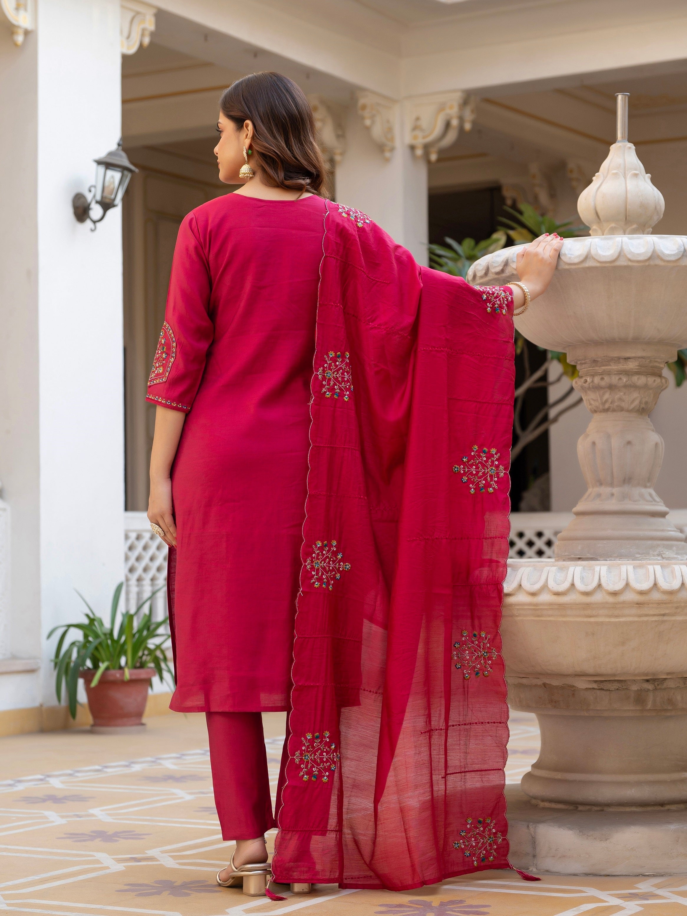 Vedant Vastram Viscose Silk Hand Work & Embroidery Work Stitched Salwar Suit Set-Pink