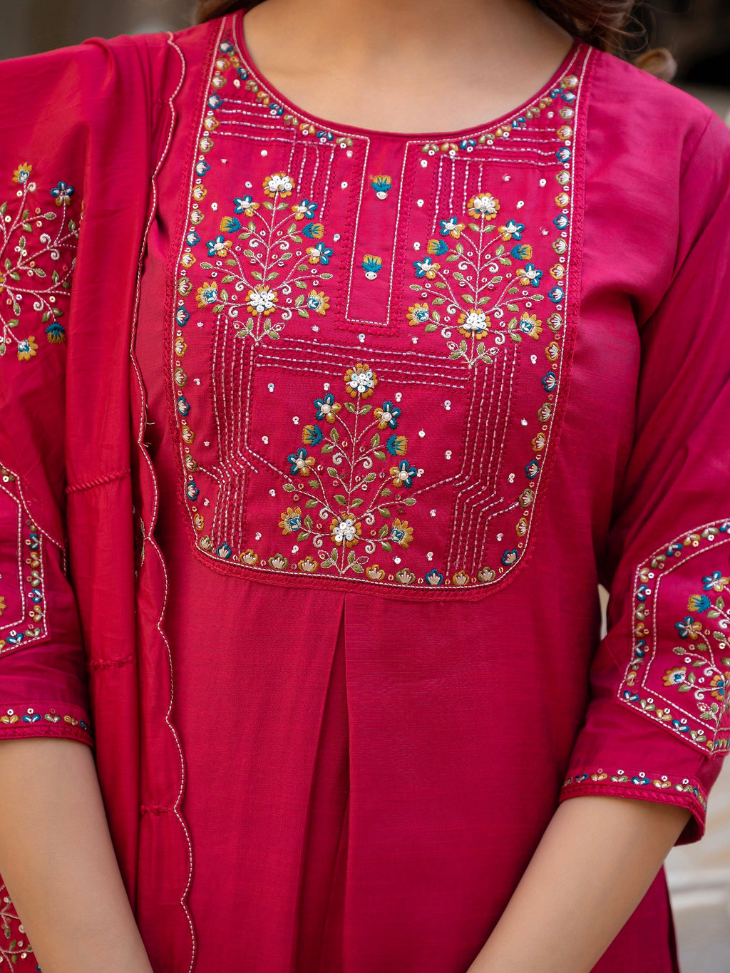 Vedant Vastram Viscose Silk Hand Work & Embroidery Work Stitched Salwar Suit Set-Pink