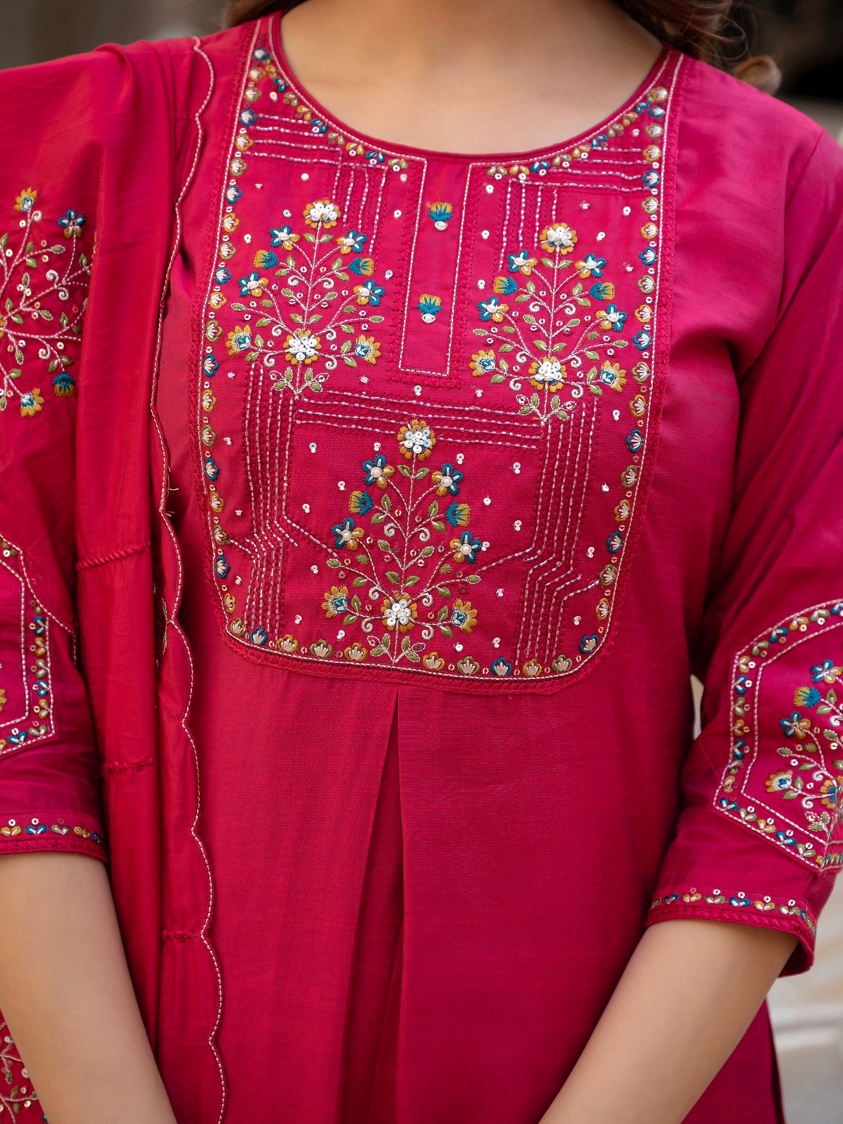 Vedant Vastram Viscose Silk Hand Work & Embroidery Work Stitched Salwar Suit Set-Pink