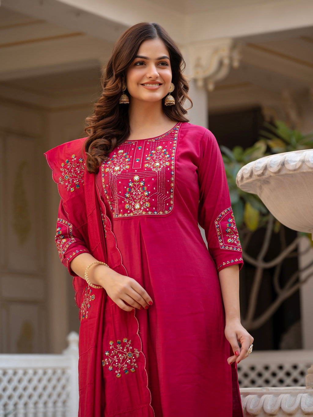 Vedant Vastram Viscose Silk Hand Work & Embroidery Work Stitched Salwar Suit Set-Pink
