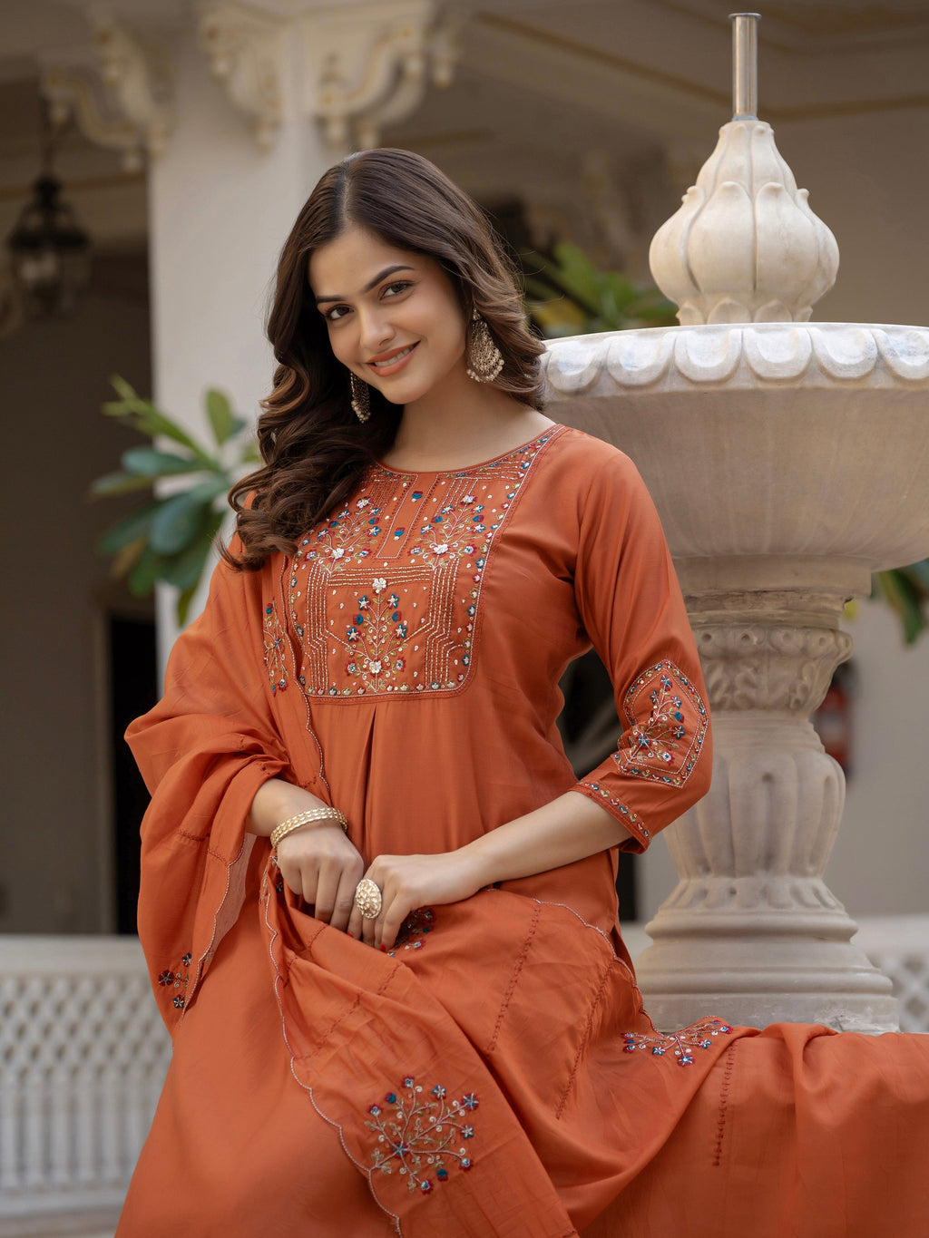 Vedant Vastram Viscose Silk Hand Work & Embroidery Work Stitched Salwar Suit Set-Rust