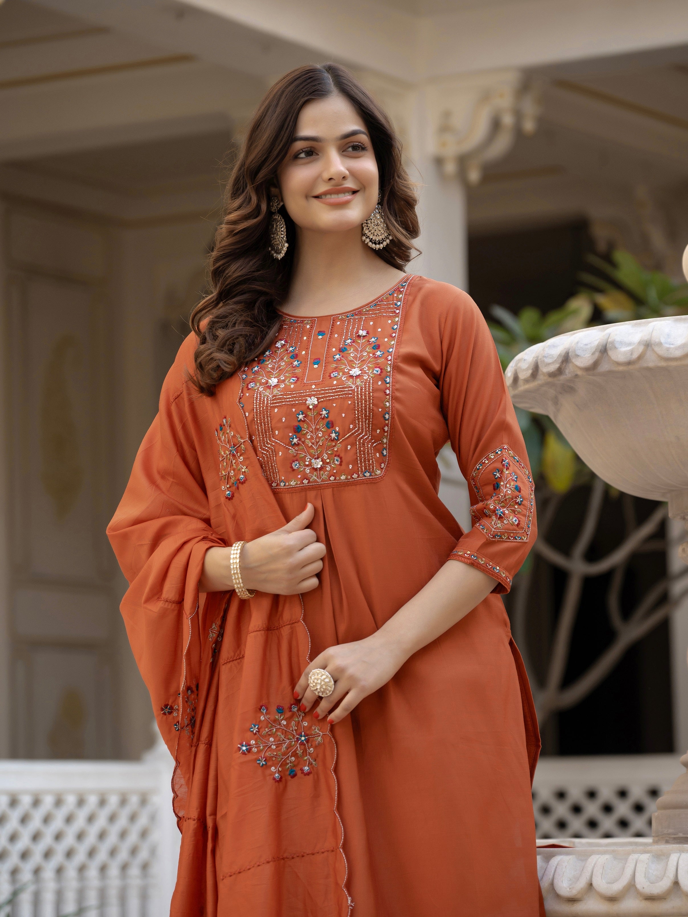 Vedant Vastram Viscose Silk Hand Work & Embroidery Work Stitched Salwar Suit Set-Rust