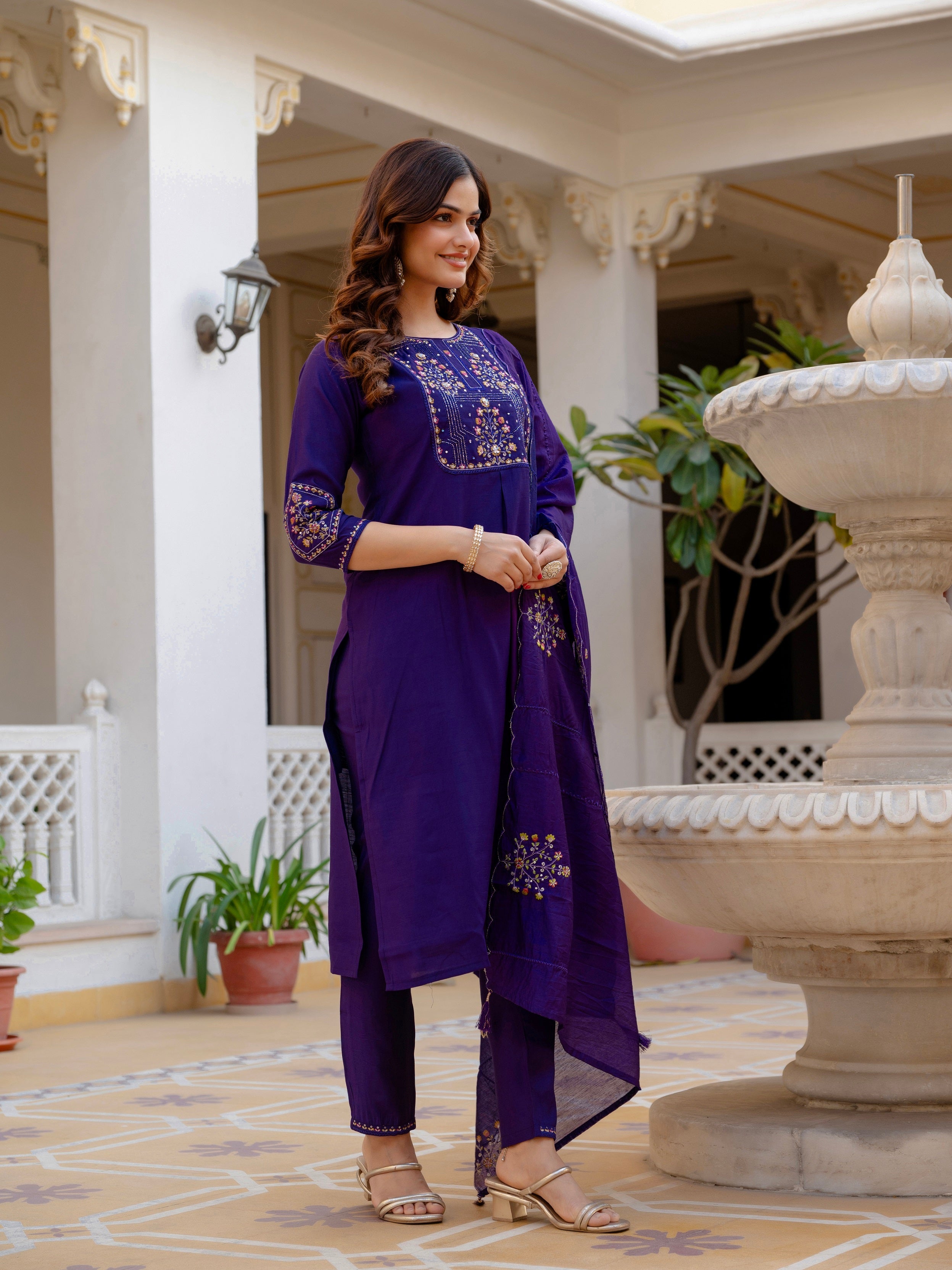 Vedant Vastram Viscose Silk Hand Work & Embroidery Work Stitched Salwar Suit Set-Violet