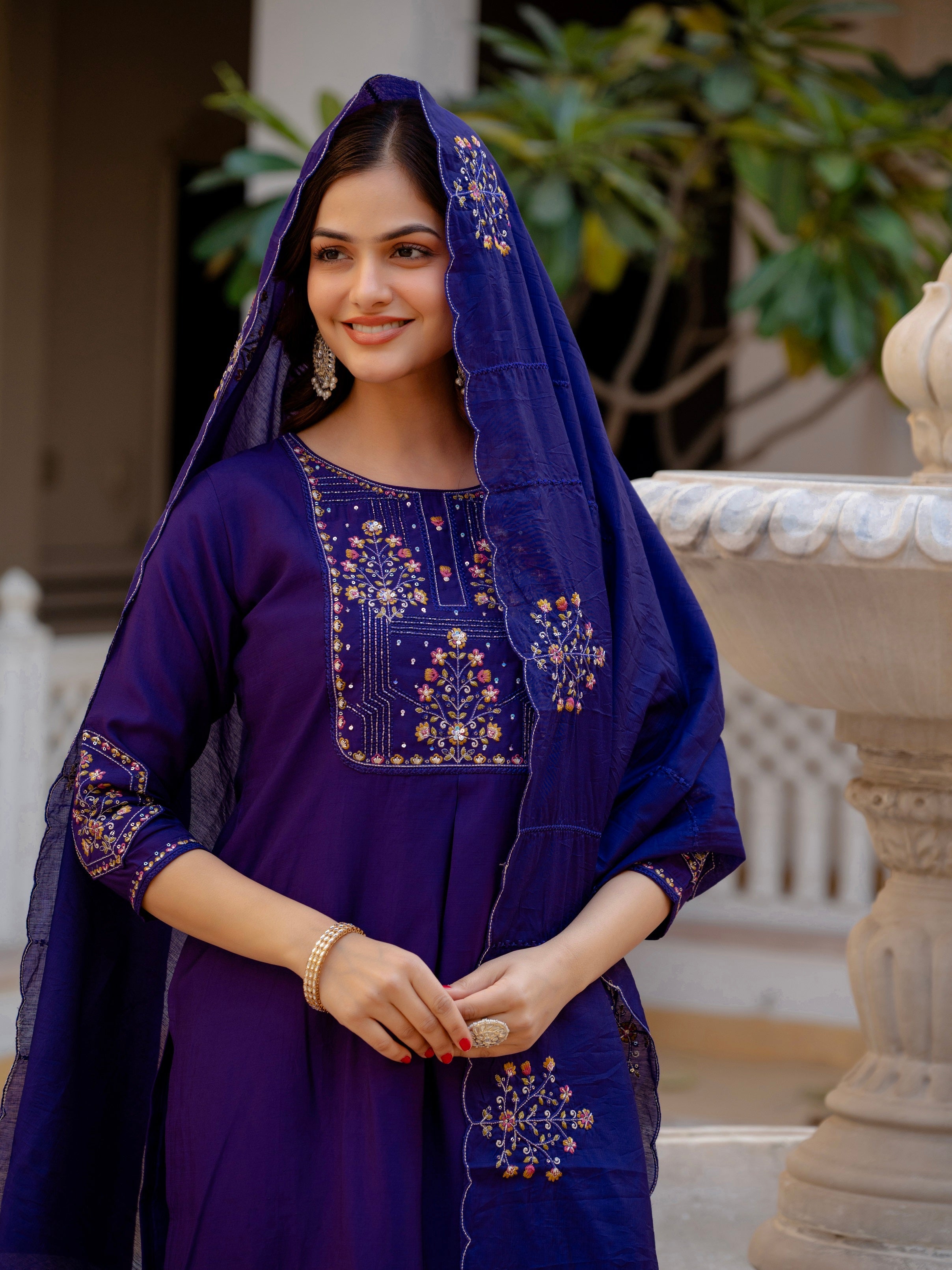 Vedant Vastram Viscose Silk Hand Work & Embroidery Work Stitched Salwar Suit Set-Violet