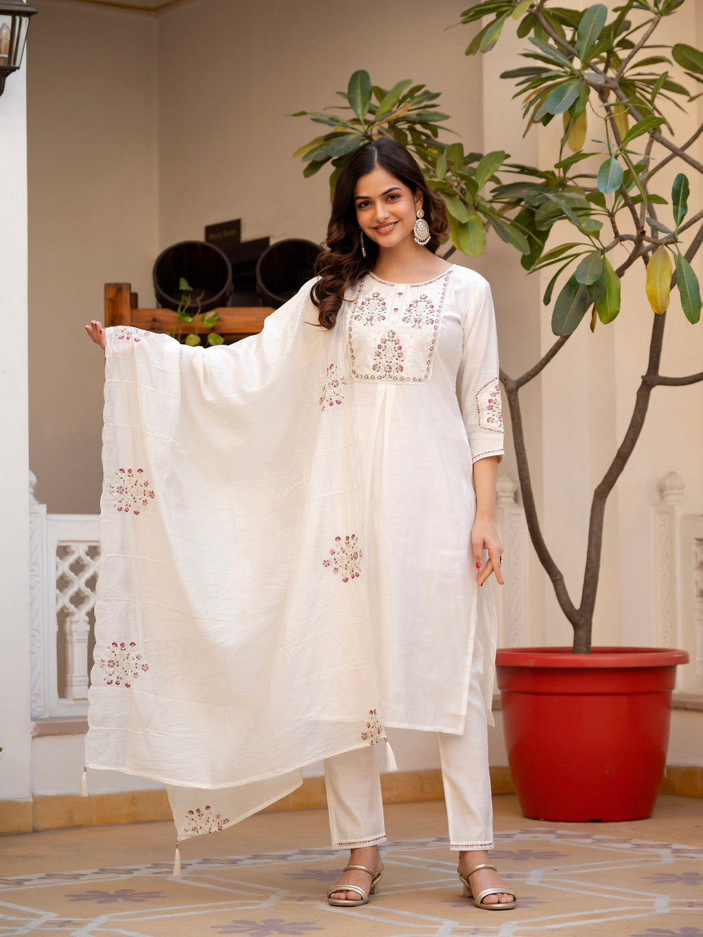 Vedant Vastram Viscose Silk Hand Work & Embroidery Work Stitched Salwar Suit Set-White