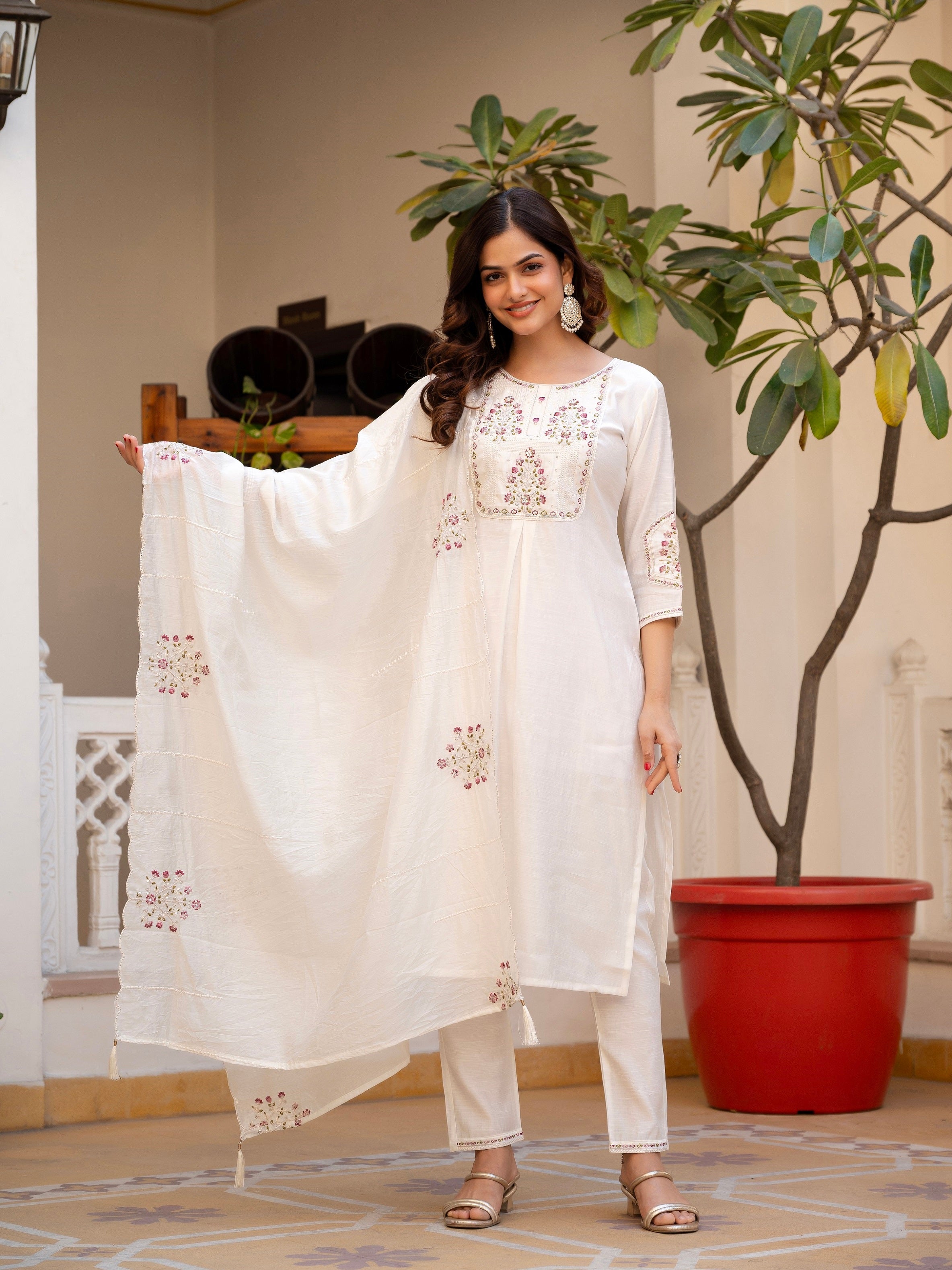 Vedant Vastram Viscose Silk Hand Work & Embroidery Work Stitched Salwar Suit Set-White