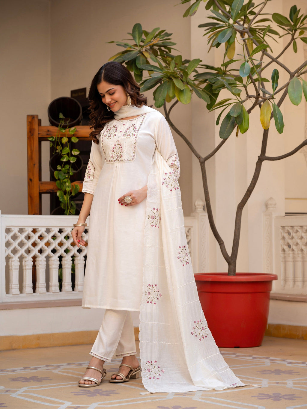 Vedant Vastram Viscose Silk Hand Work & Embroidery Work Stitched Salwar Suit Set-White