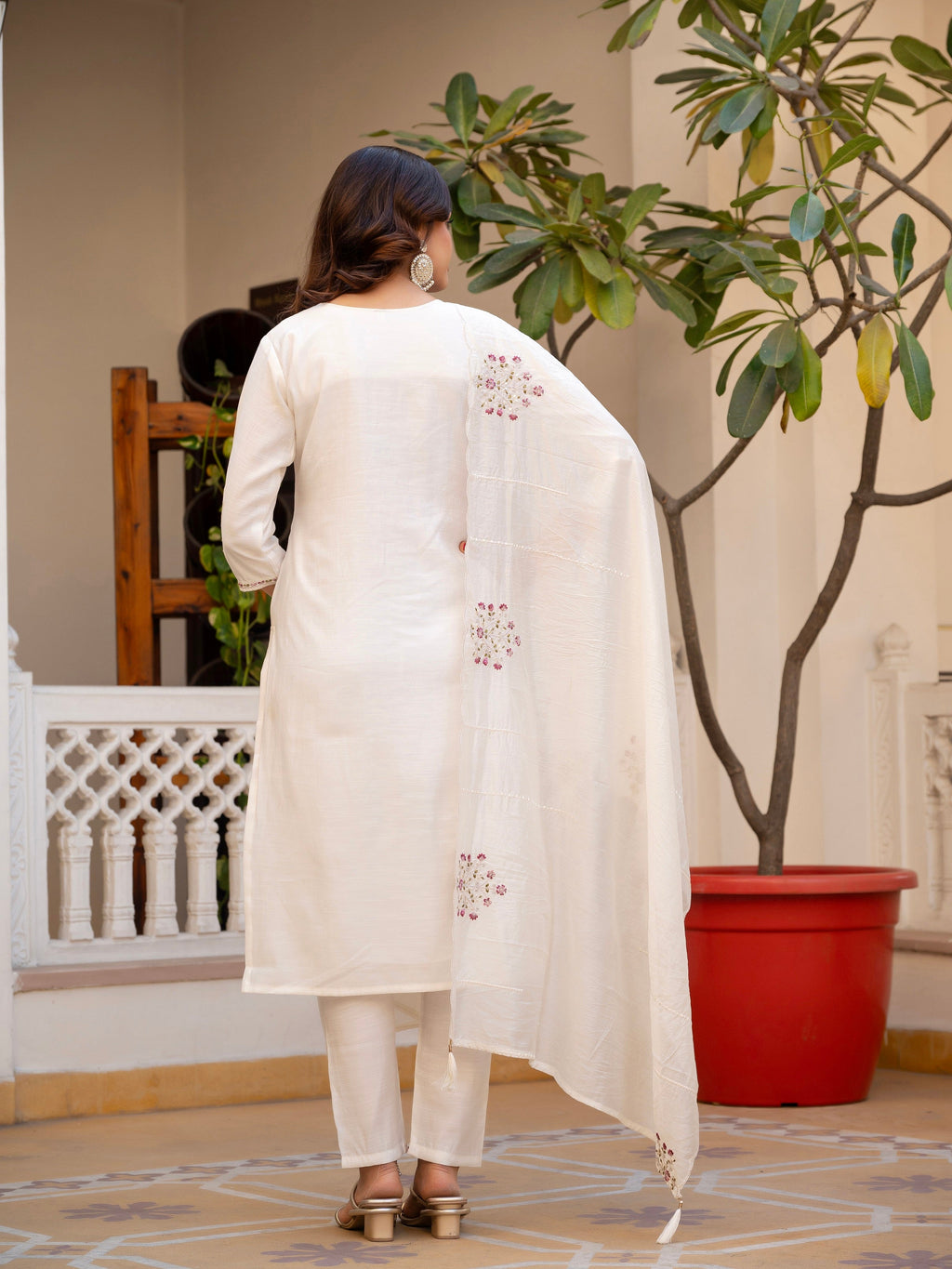 Vedant Vastram Viscose Silk Hand Work & Embroidery Work Stitched Salwar Suit Set-White
