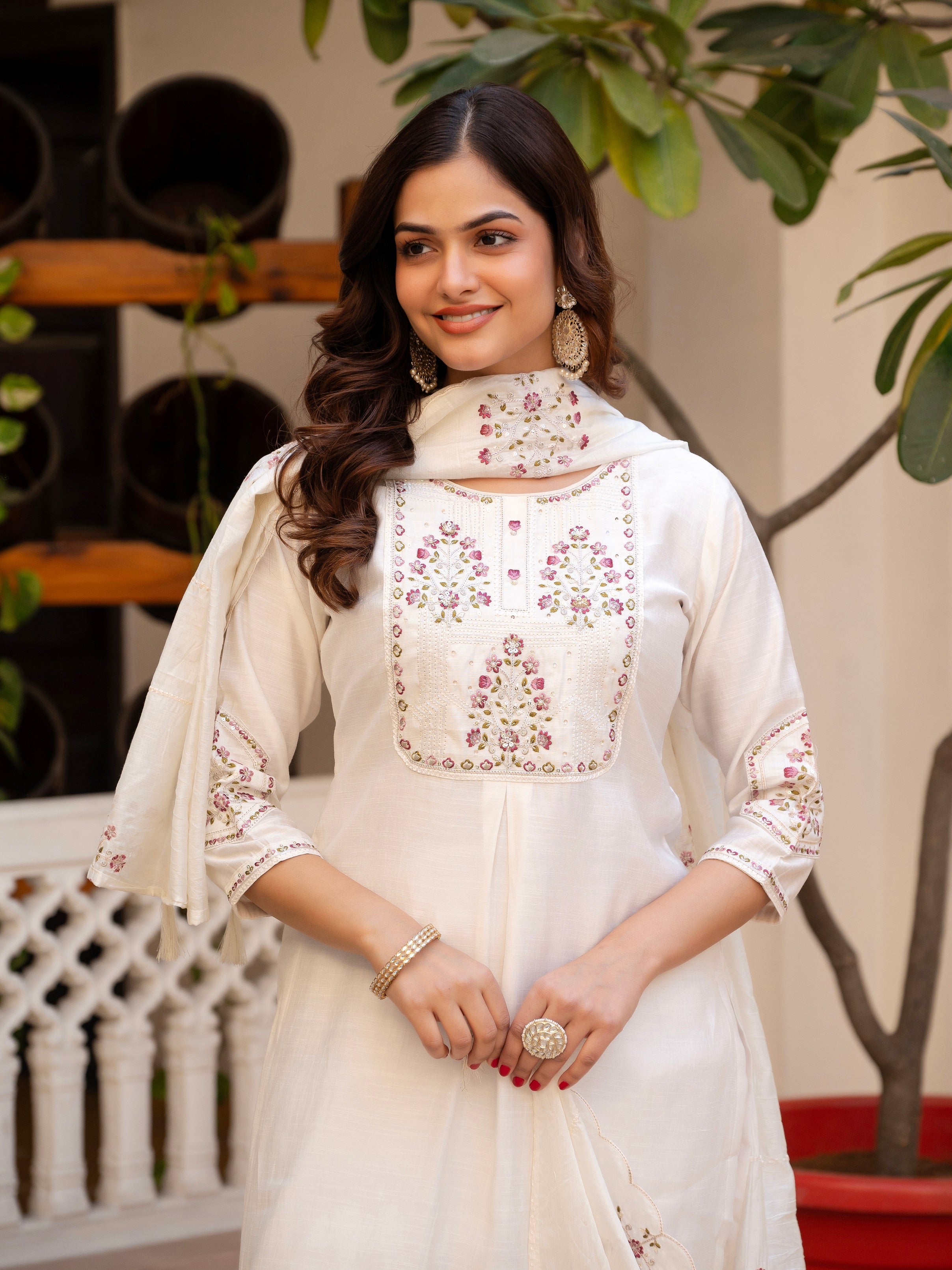 Vedant Vastram Viscose Silk Hand Work & Embroidery Work Stitched Salwar Suit Set-White