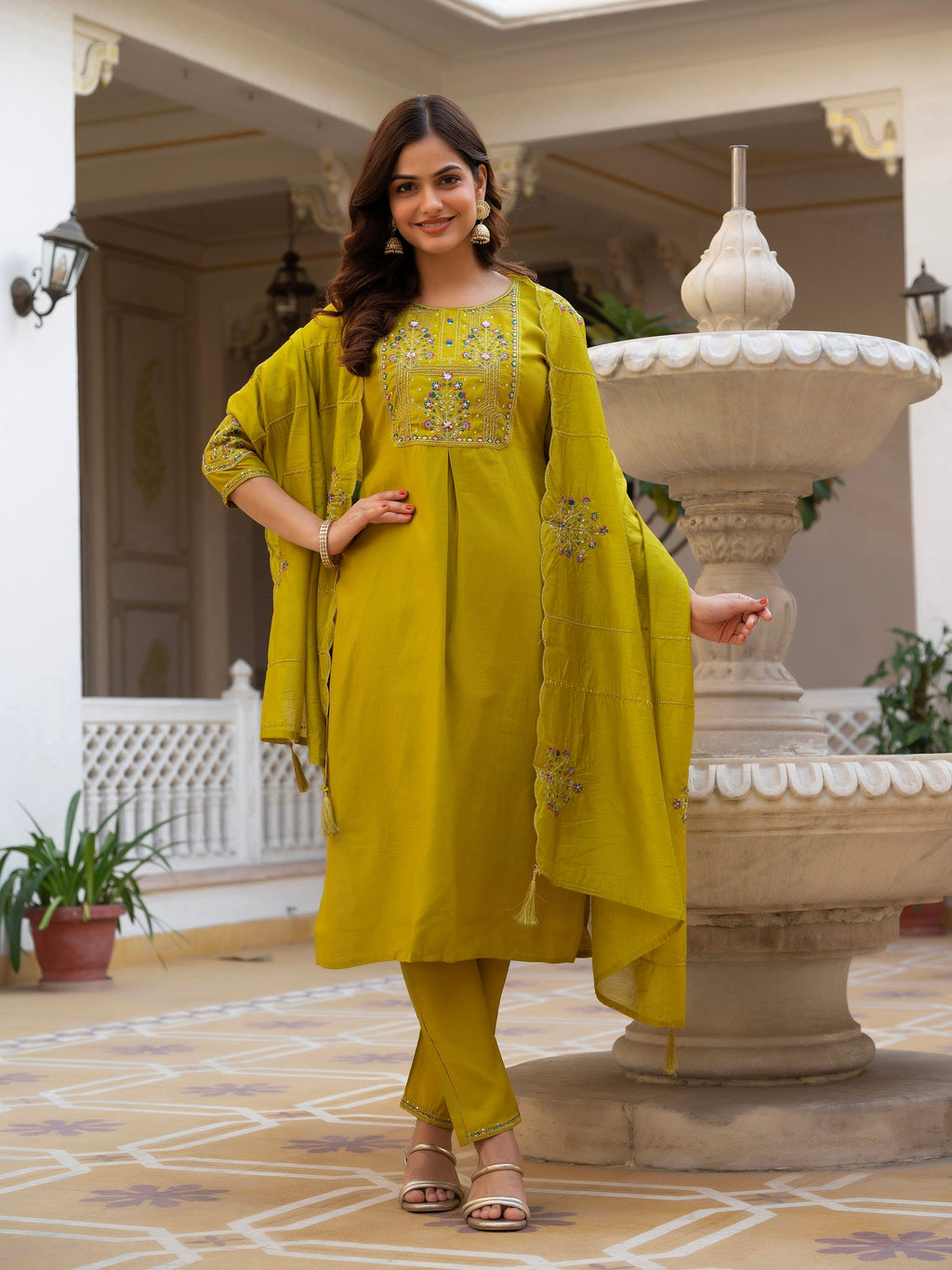 Vedant Vastram Viscose Silk Hand Work & Embroidery Work Stitched Salwar Suit Set-Yellow