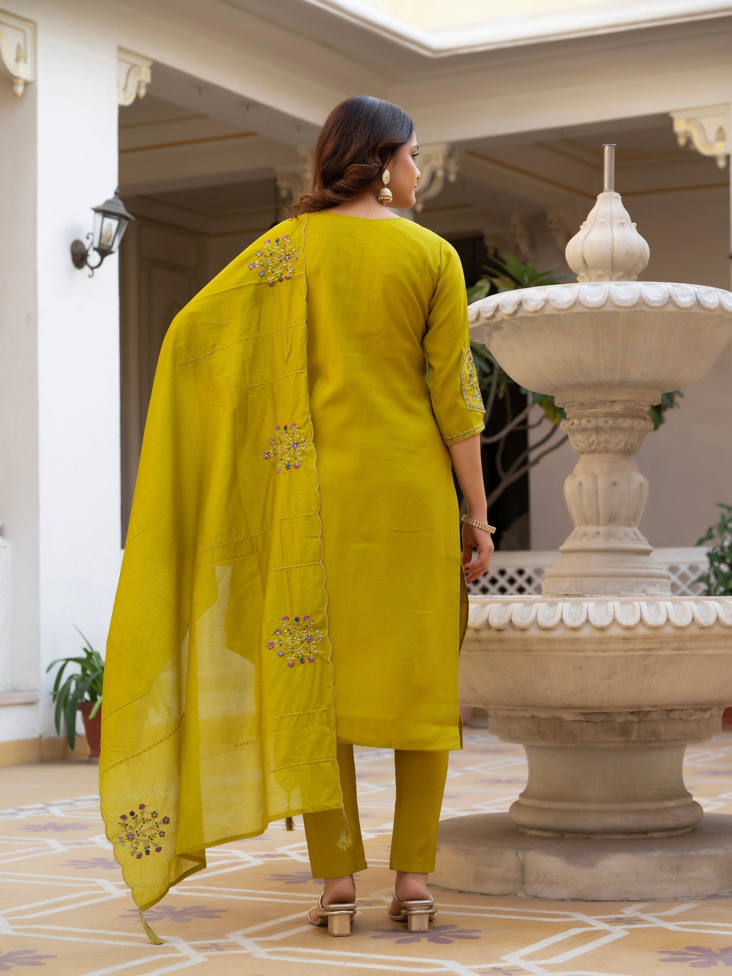 Vedant Vastram Viscose Silk Hand Work & Embroidery Work Stitched Salwar Suit Set-Yellow