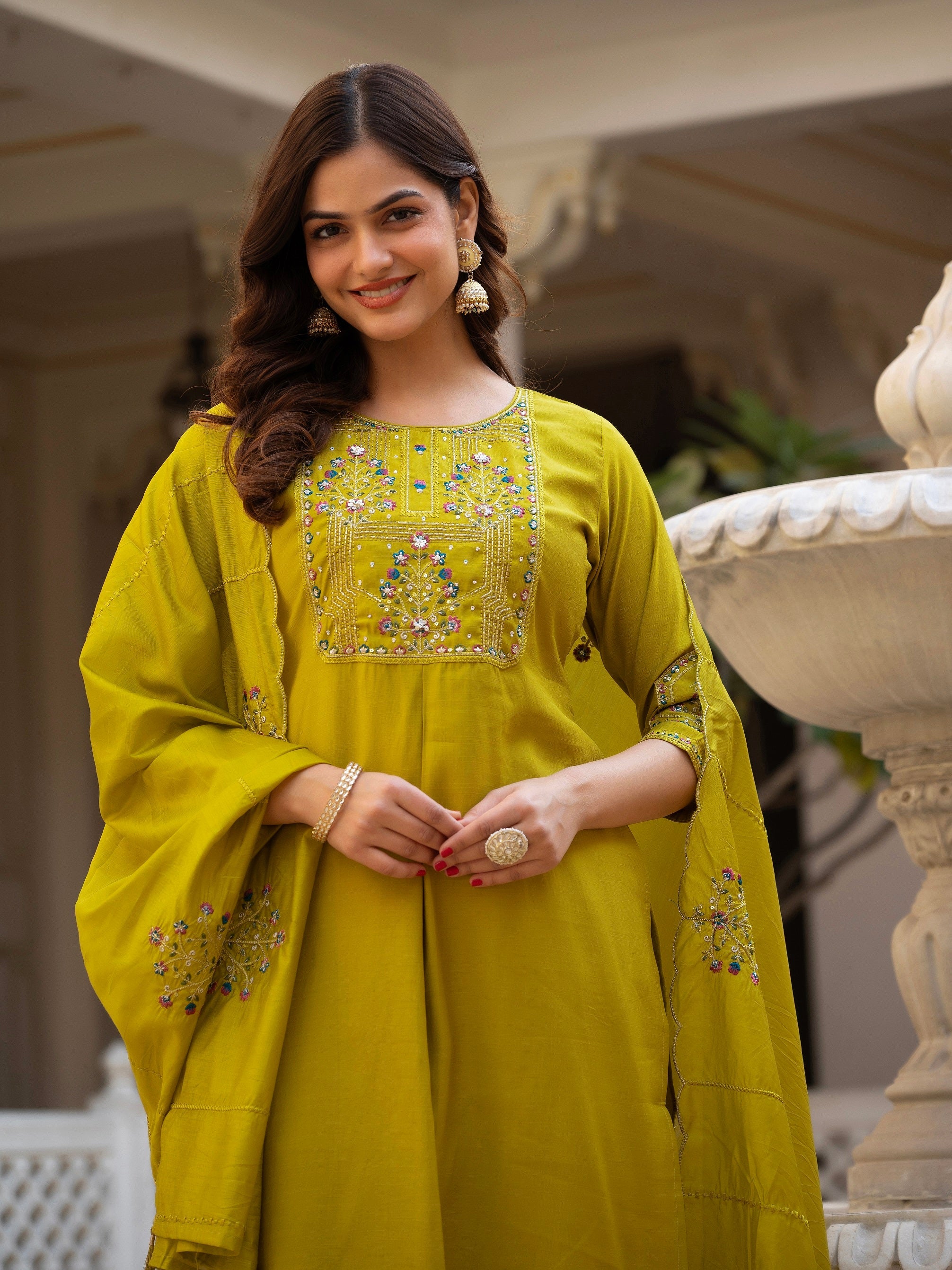 Vedant Vastram Viscose Silk Hand Work & Embroidery Work Stitched Salwar Suit Set-Yellow