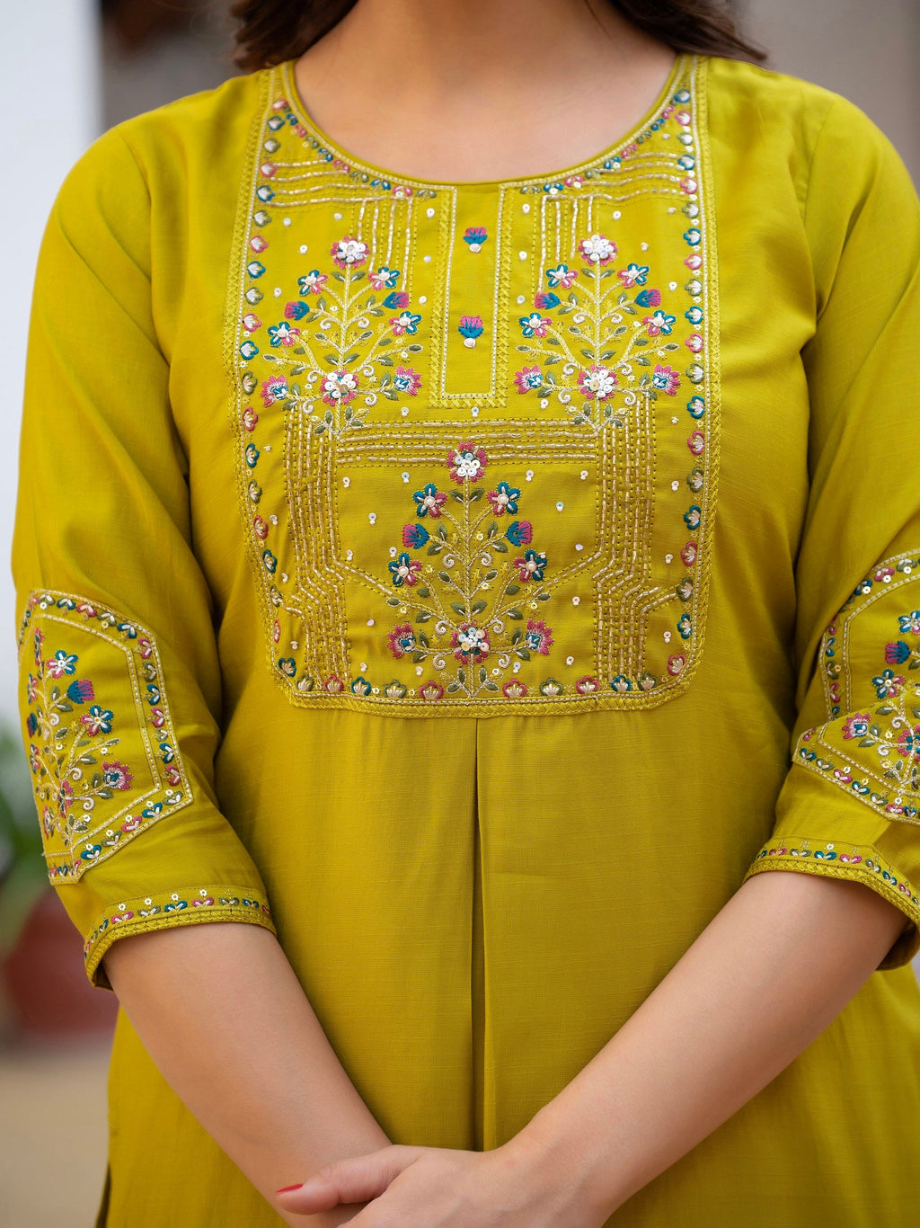 Vedant Vastram Viscose Silk Hand Work & Embroidery Work Stitched Salwar Suit Set-Yellow