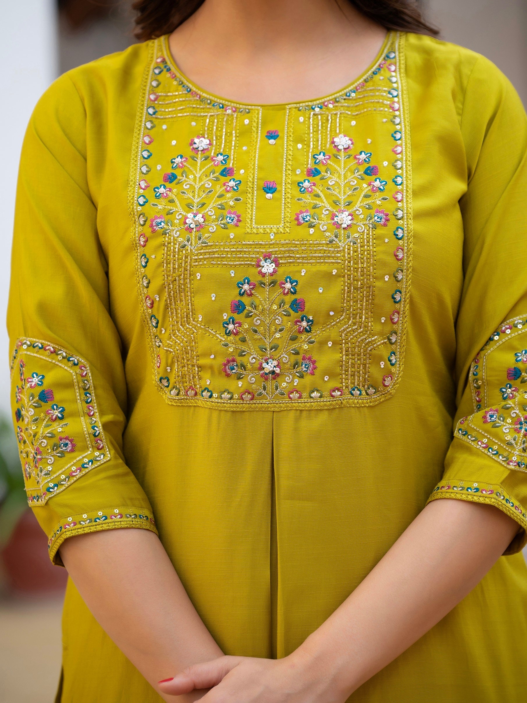 Vedant Vastram Viscose Silk Hand Work & Embroidery Work Stitched Salwar Suit Set-Yellow