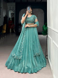Lorenvalley Fashion Seagreen Gold Coin Beads & Thread Embroidery Work Lehenga Choli with Dupatta