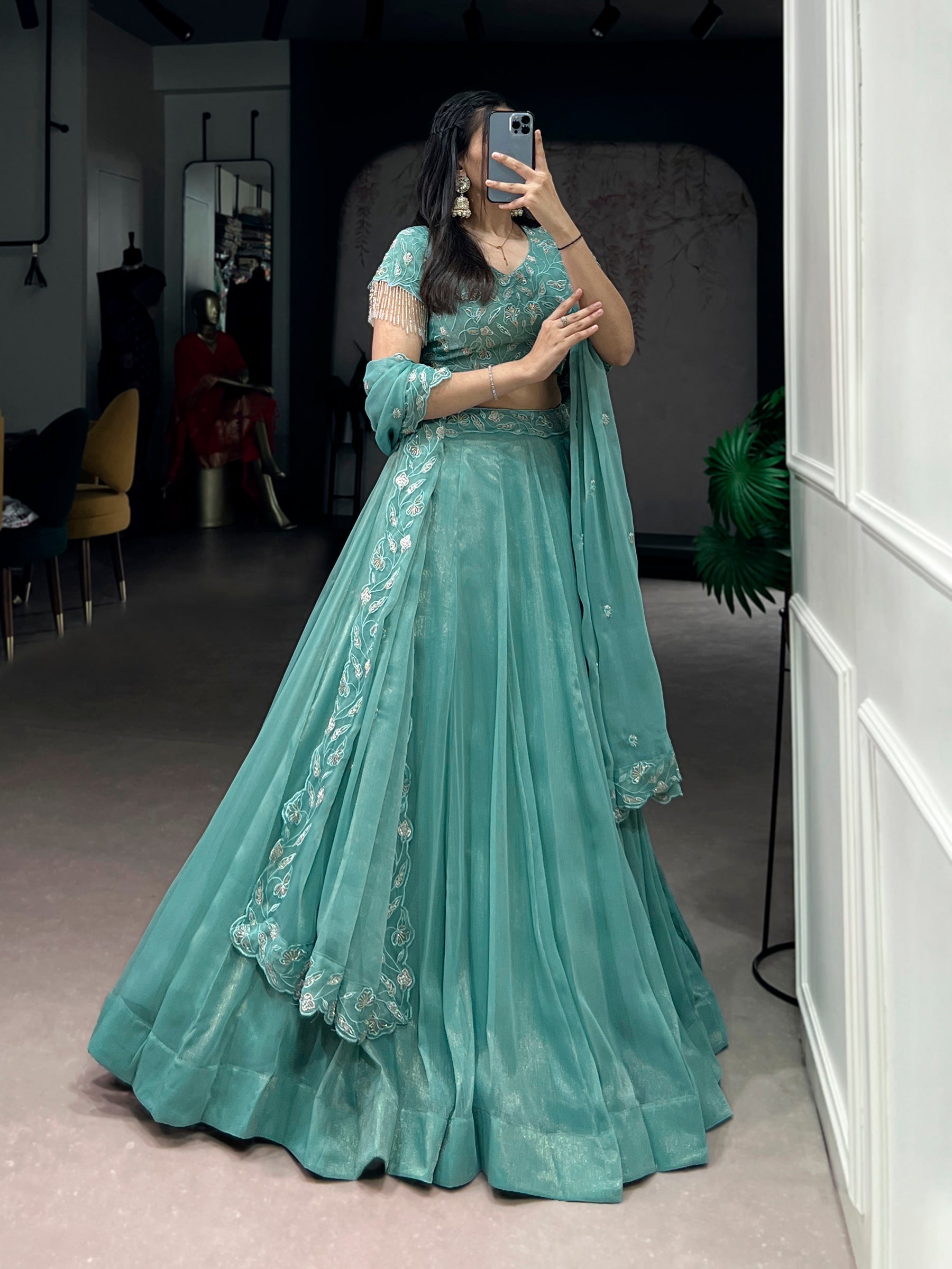 Lorenvalley Fashion Seagreen Gold Coin Beads & Thread Embroidery Work Lehenga Choli with Dupatta