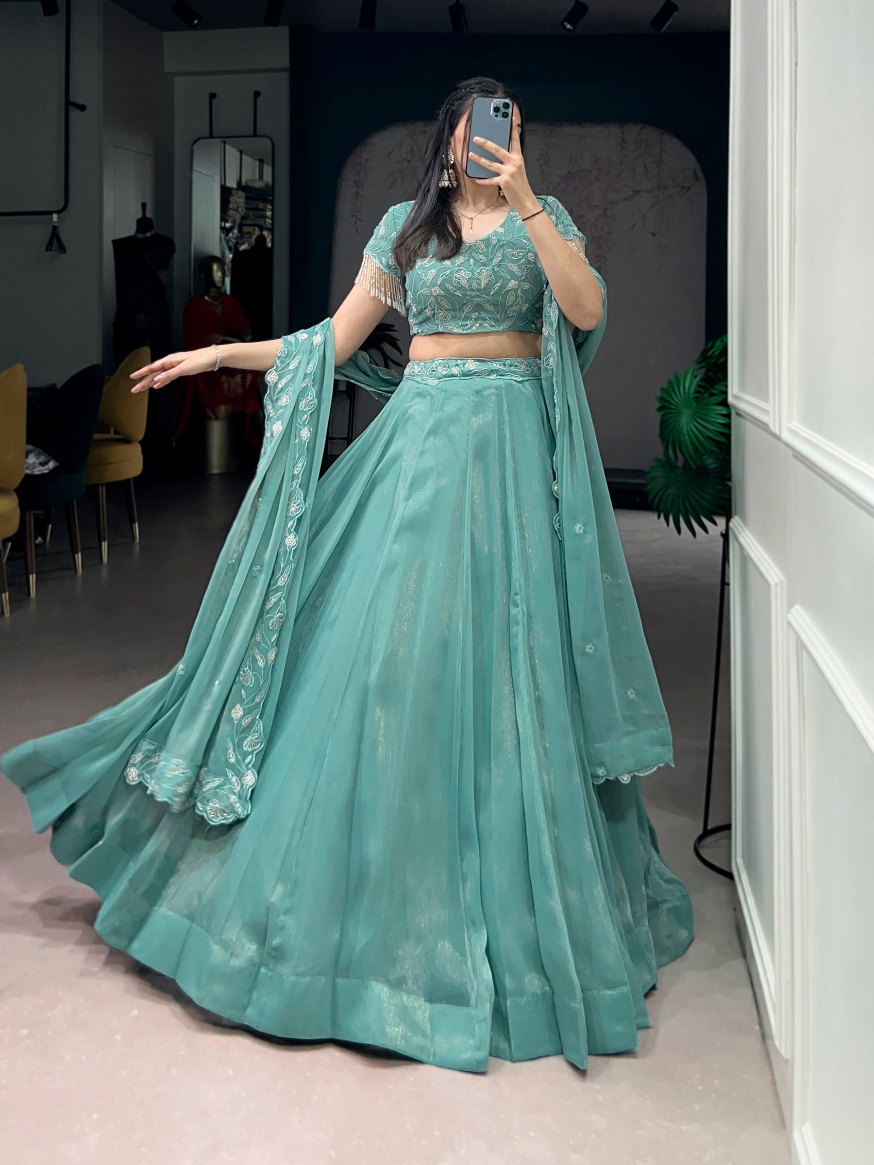 Lorenvalley Fashion Seagreen Gold Coin Beads & Thread Embroidery Work Lehenga Choli with Dupatta