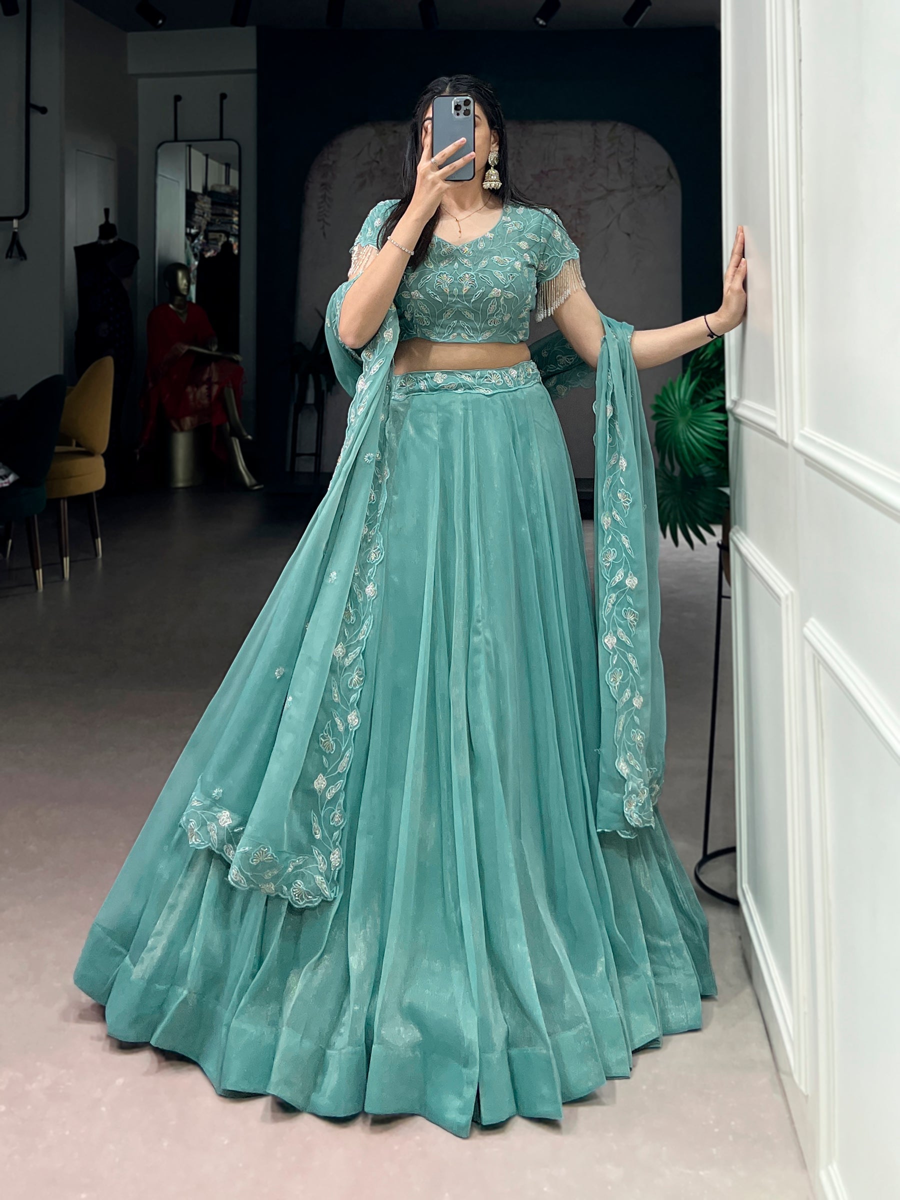 Lorenvalley Fashion Seagreen Gold Coin Beads & Thread Embroidery Work Lehenga Choli with Dupatta
