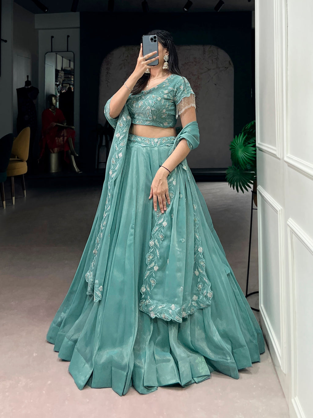 Lorenvalley Fashion Seagreen Gold Coin Beads & Thread Embroidery Work Lehenga Choli with Dupatta