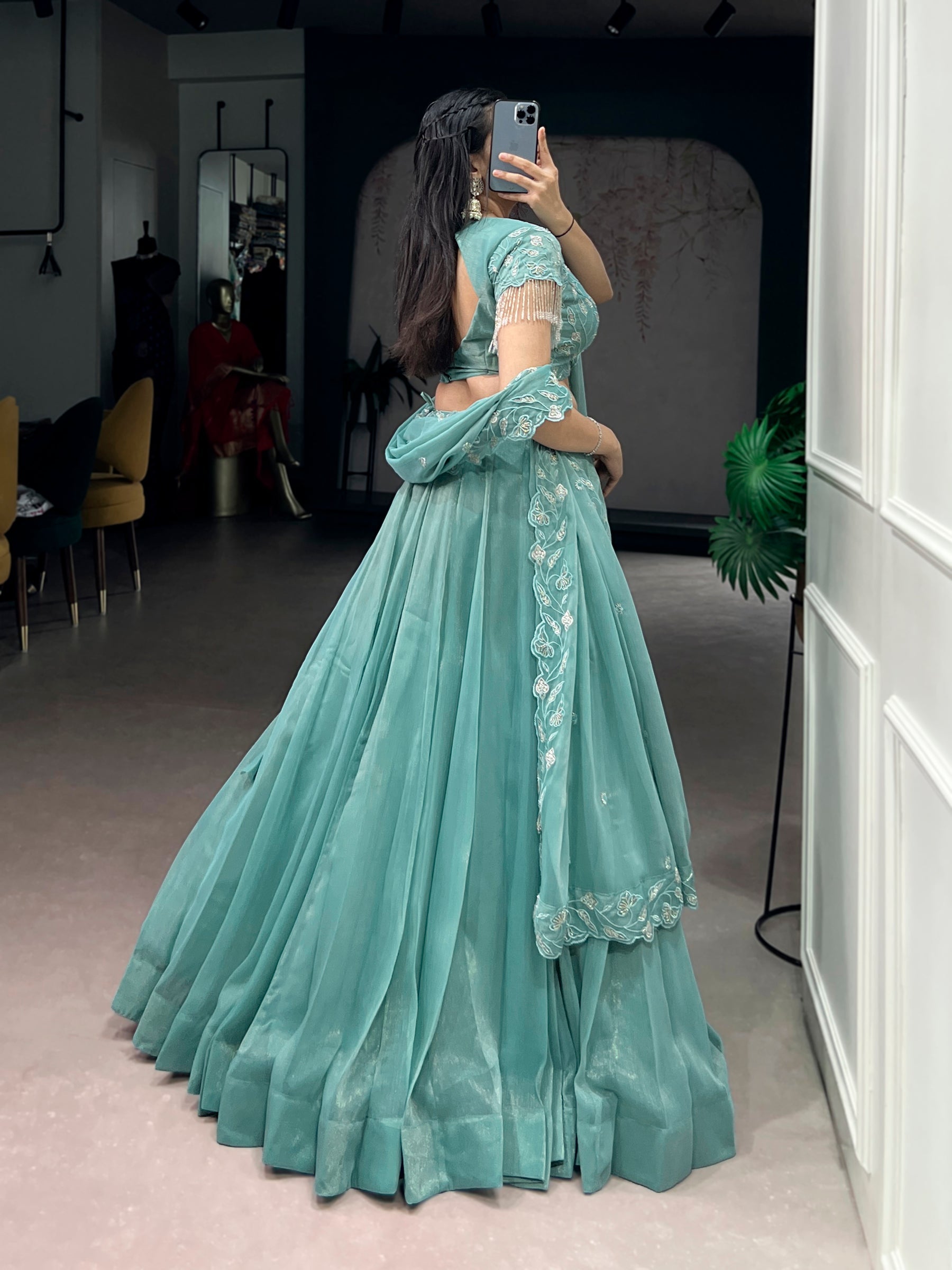 Lorenvalley Fashion Seagreen Gold Coin Beads & Thread Embroidery Work Lehenga Choli with Dupatta
