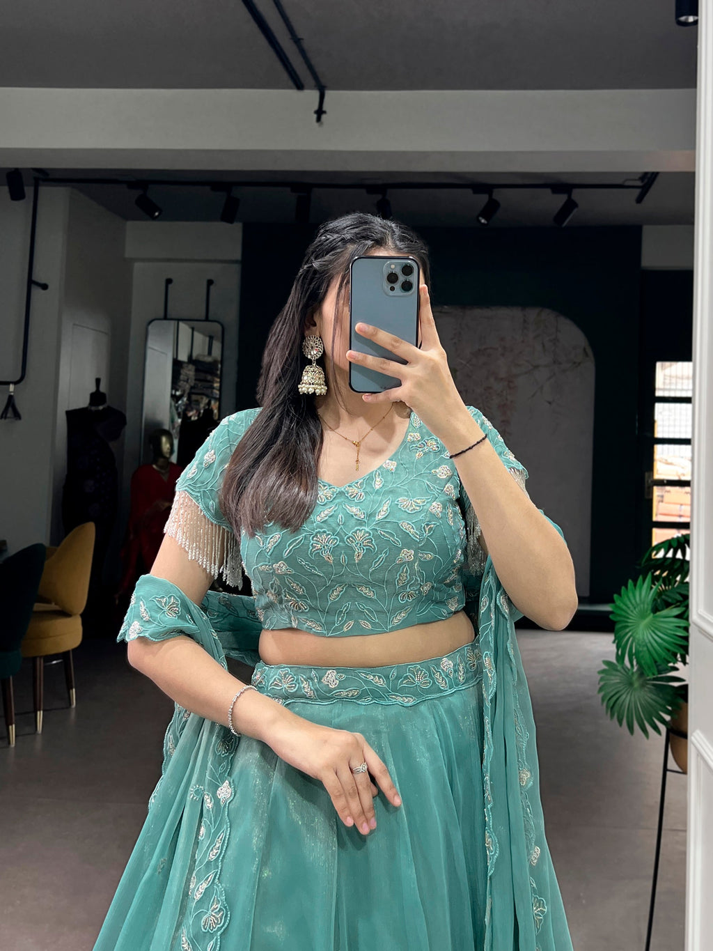 Lorenvalley Fashion Seagreen Gold Coin Beads & Thread Embroidery Work Lehenga Choli with Dupatta