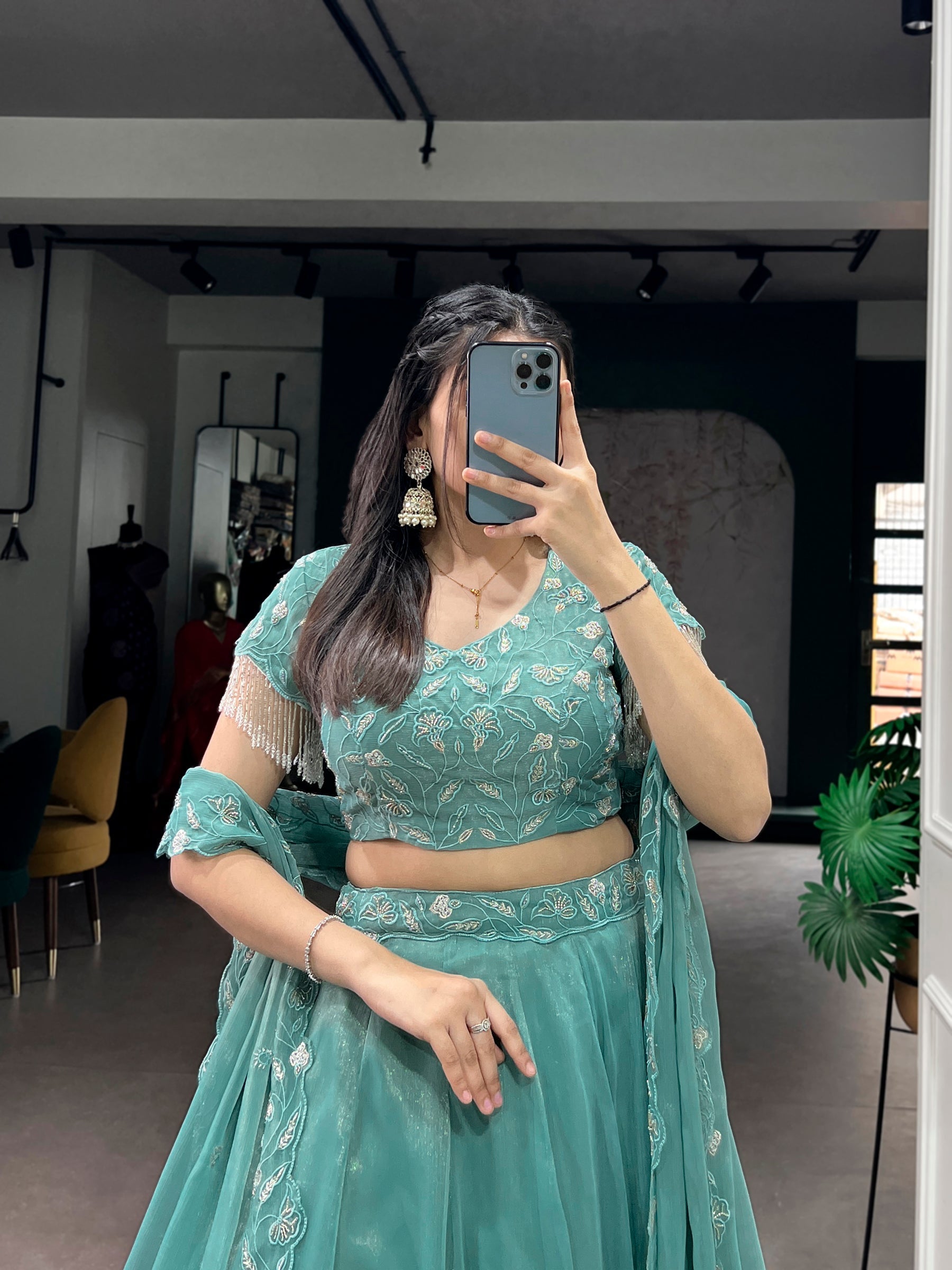 Lorenvalley Fashion Seagreen Gold Coin Beads & Thread Embroidery Work Lehenga Choli with Dupatta