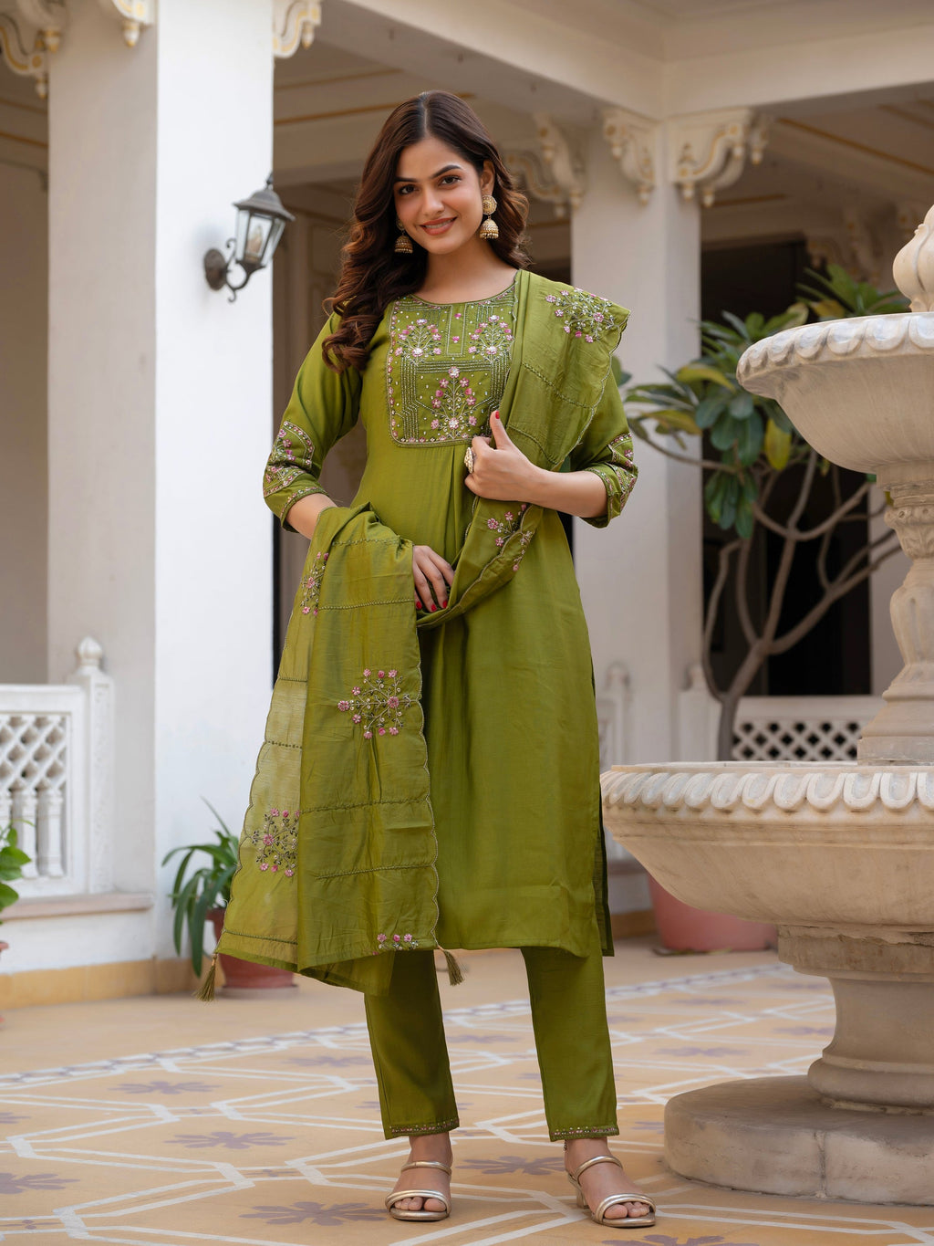 Lorenvalley Fashion Mehendi Viscose Mango Silk Multi Embroidery Sequins With Hand Work Kurta Pant Dupatta
