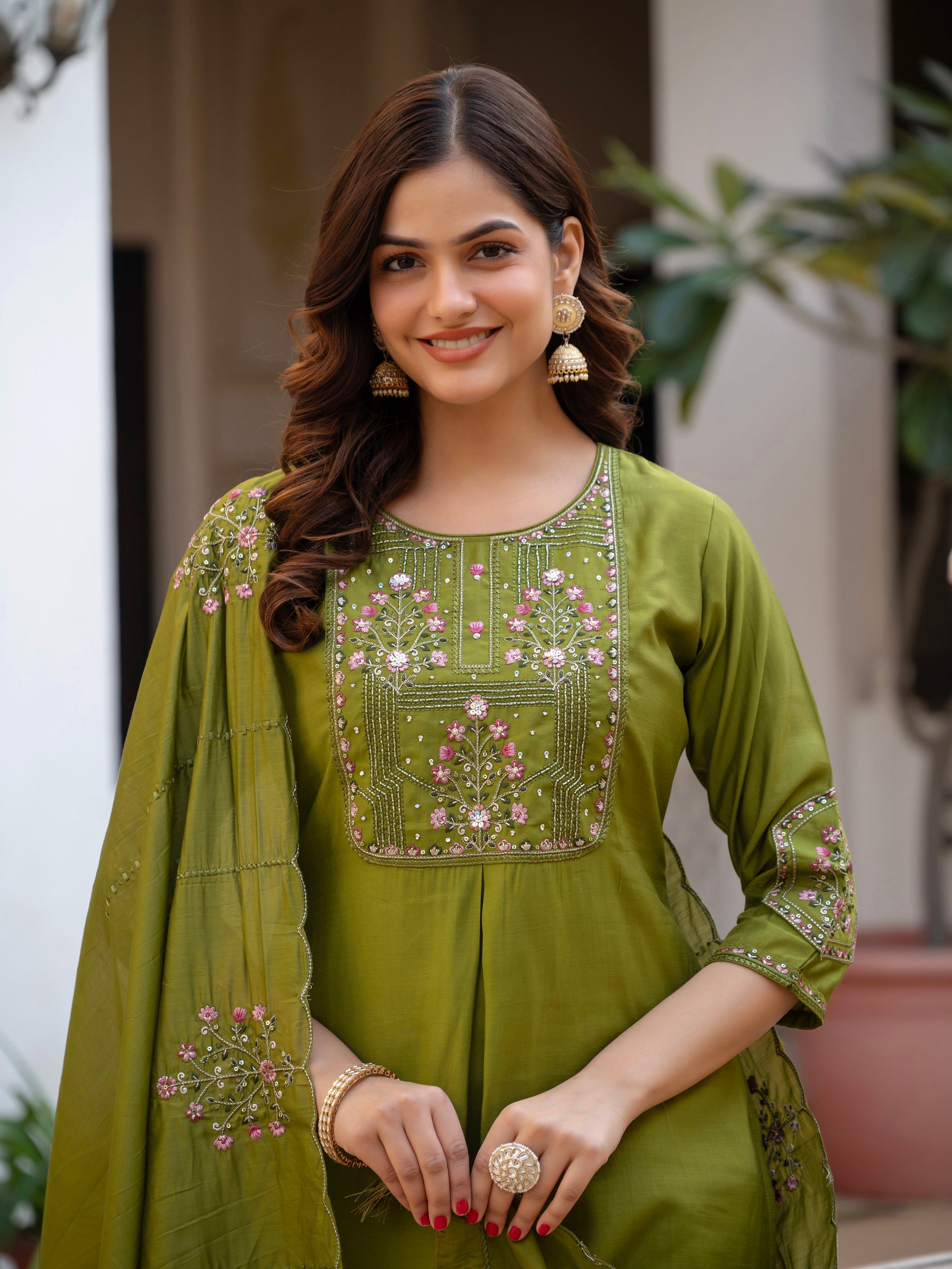 Lorenvalley Fashion Mehendi Viscose Mango Silk Multi Embroidery Sequins With Hand Work Kurta Pant Dupatta