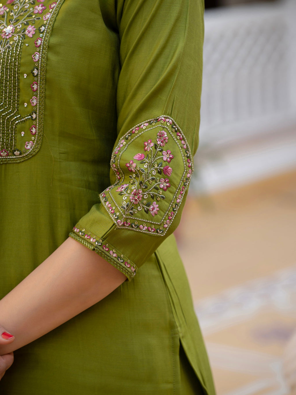 Lorenvalley Fashion Mehendi Viscose Mango Silk Multi Embroidery Sequins With Hand Work Kurta Pant Dupatta