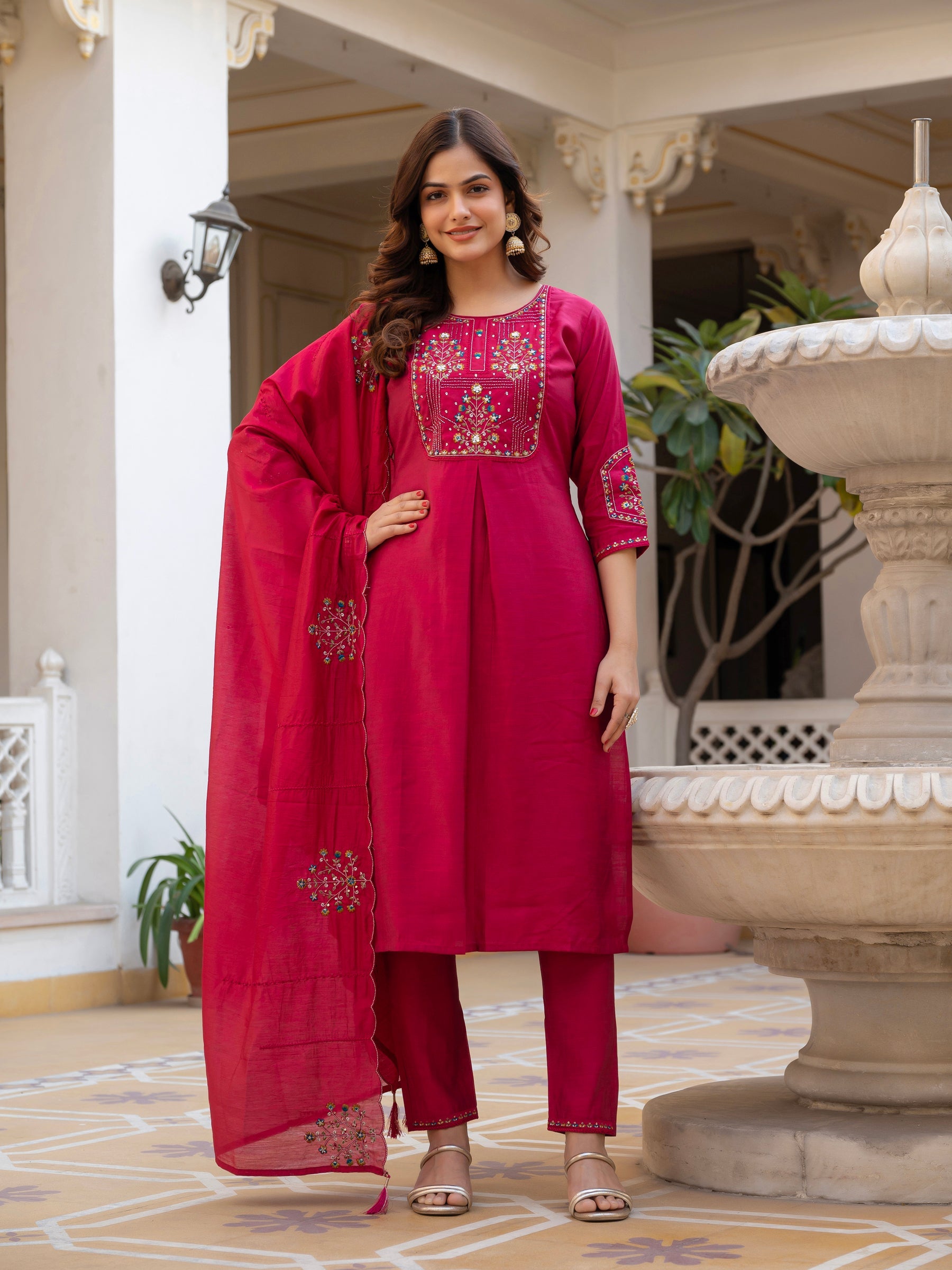 Lorenvalley Fashion Ranipink Viscose Mango Silk Multi Embroidery Sequins With Hand Work Kurta Pant Dupatta