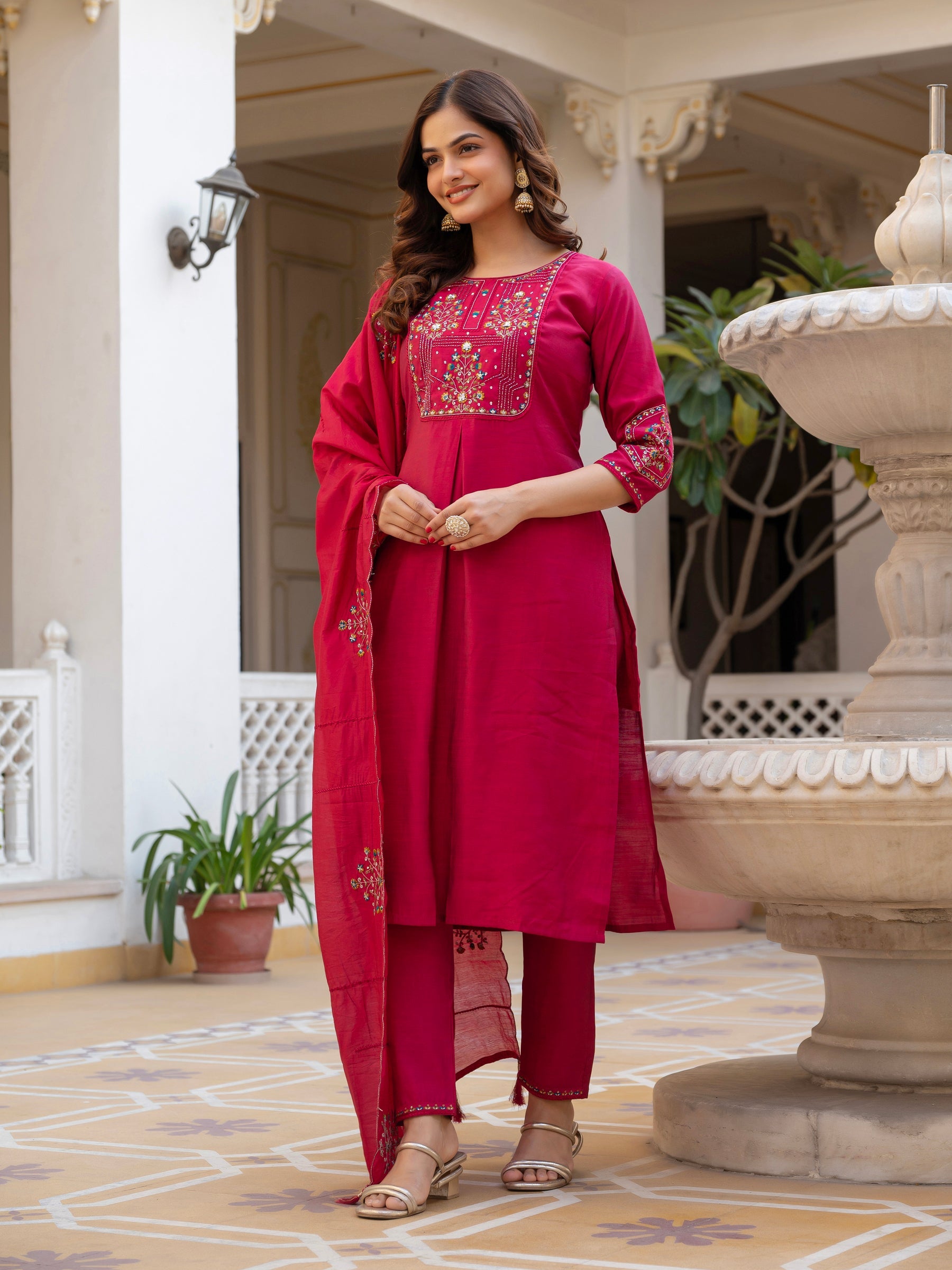 Lorenvalley Fashion Ranipink Viscose Mango Silk Multi Embroidery Sequins With Hand Work Kurta Pant Dupatta