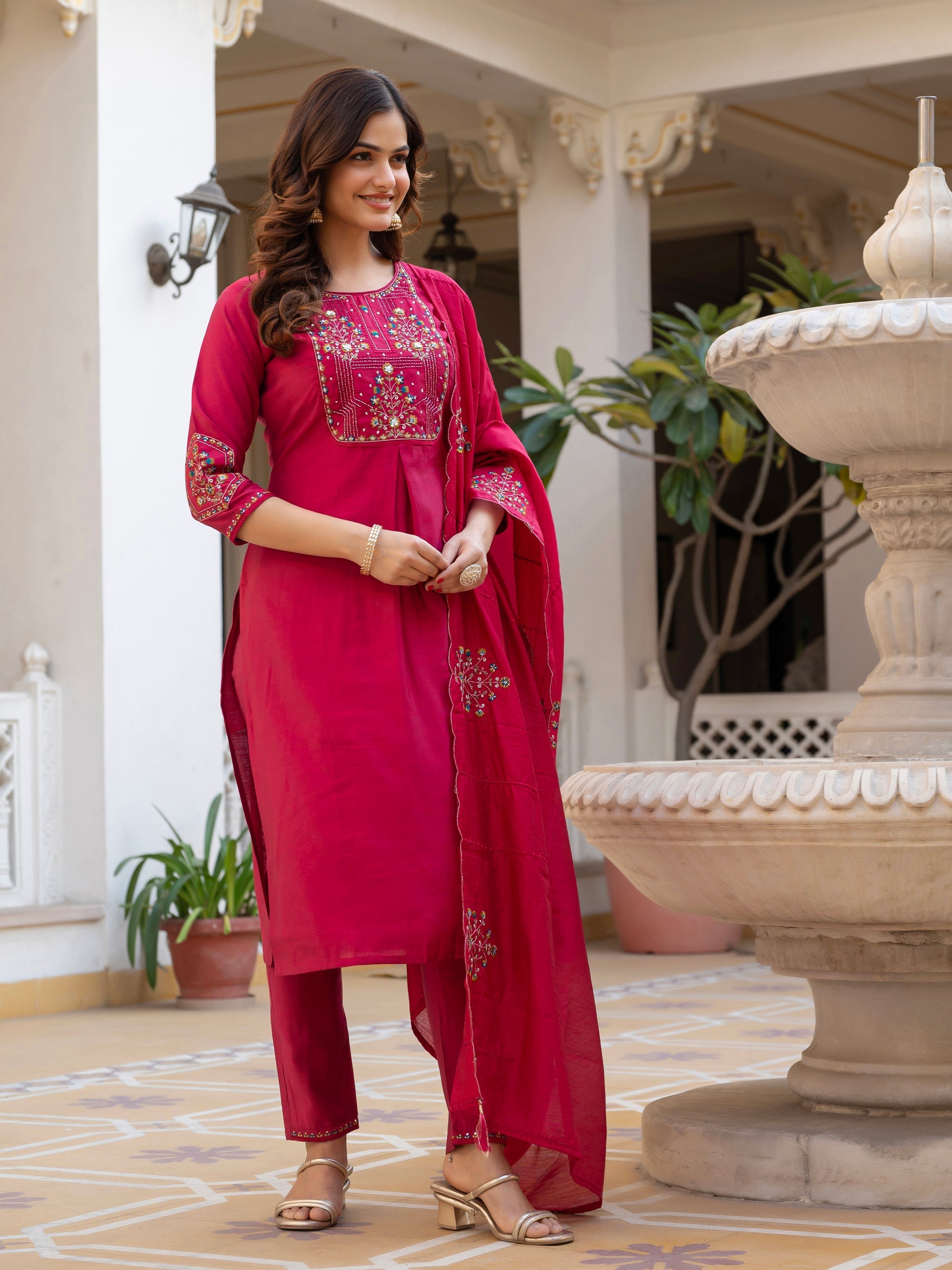 Lorenvalley Fashion Ranipink Viscose Mango Silk Multi Embroidery Sequins With Hand Work Kurta Pant Dupatta