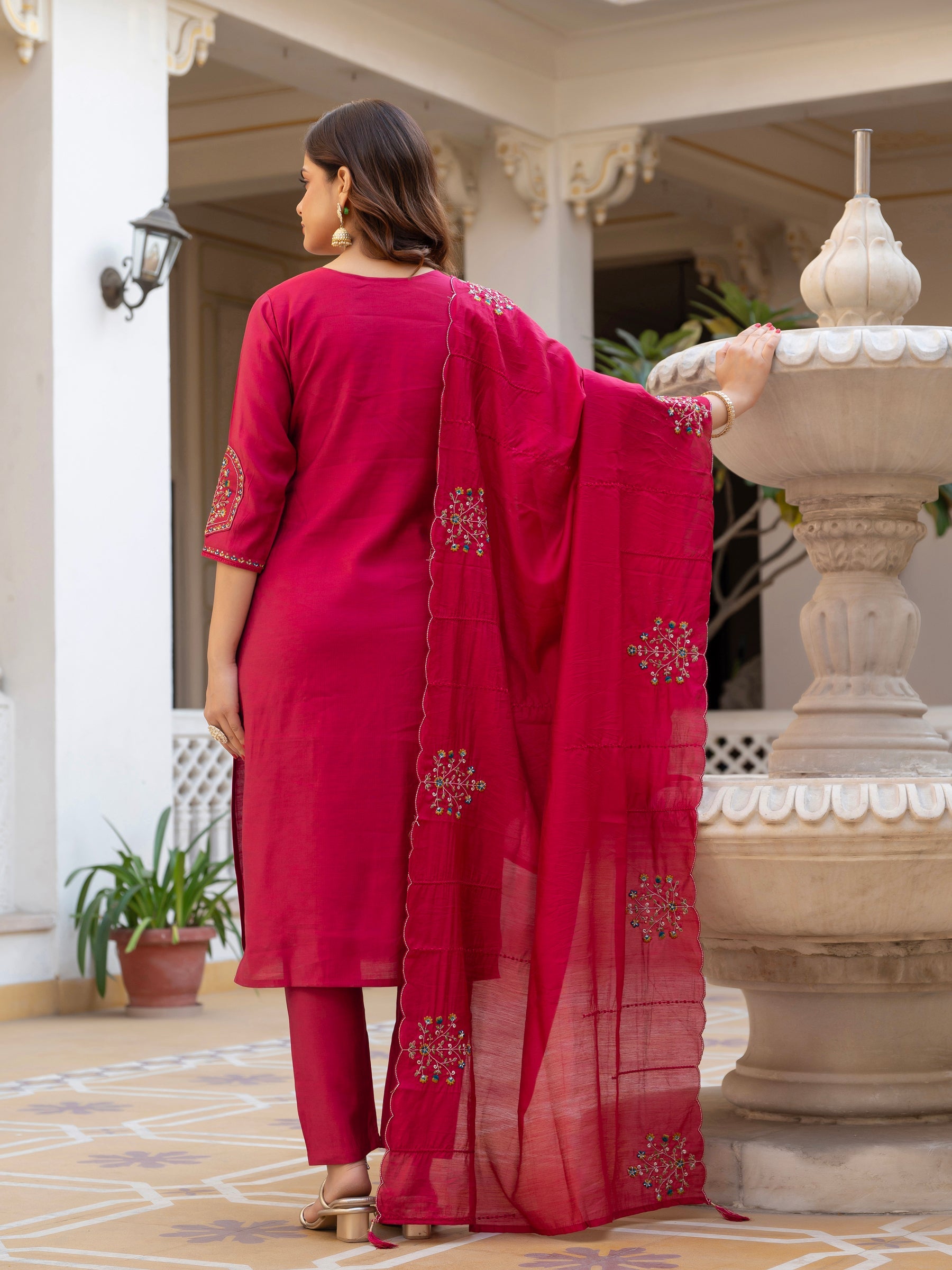 Lorenvalley Fashion Ranipink Viscose Mango Silk Multi Embroidery Sequins With Hand Work Kurta Pant Dupatta