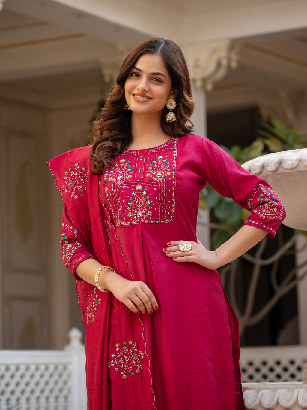 Lorenvalley Fashion Ranipink Viscose Mango Silk Multi Embroidery Sequins With Hand Work Kurta Pant Dupatta