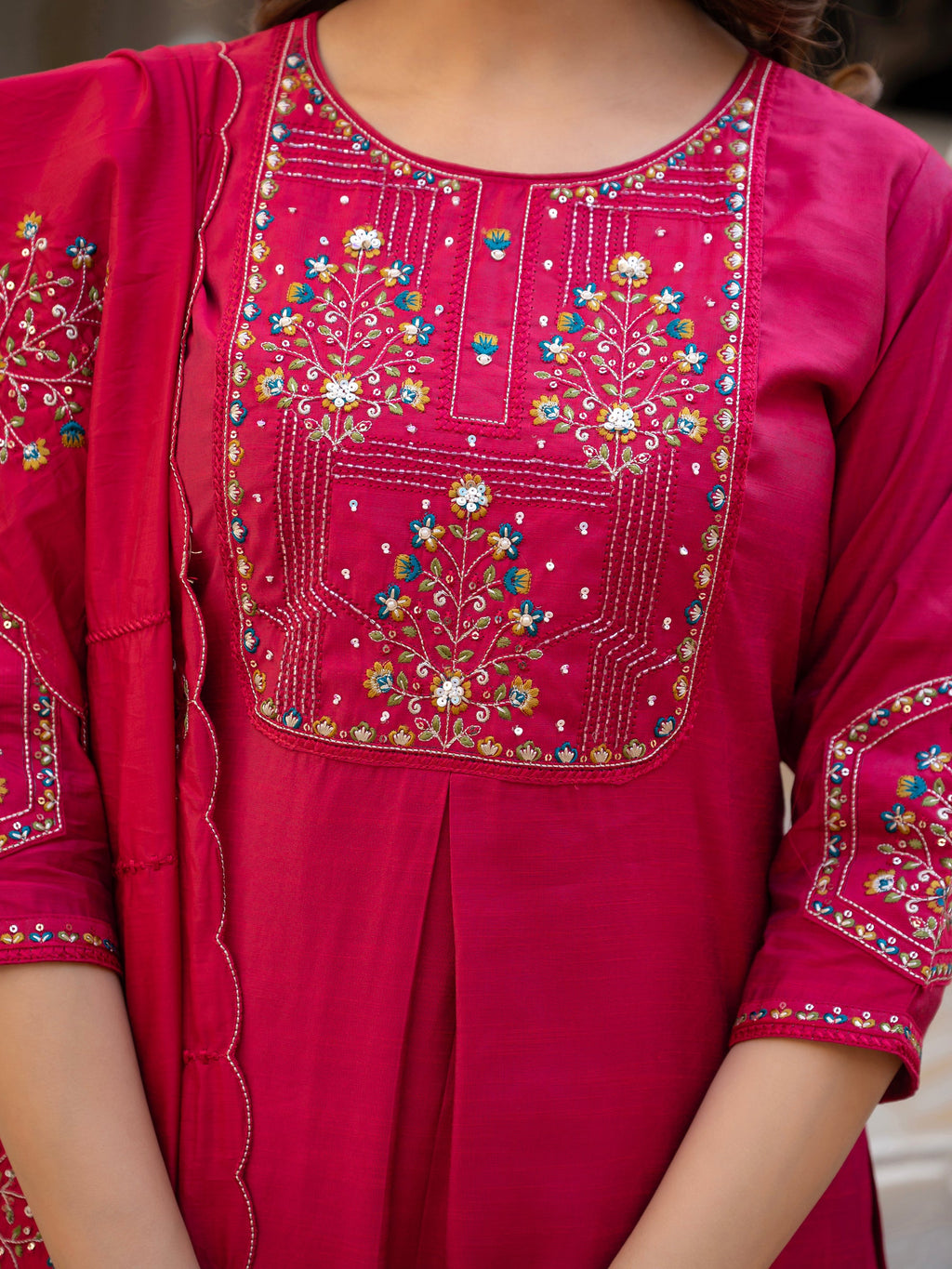 Lorenvalley Fashion Ranipink Viscose Mango Silk Multi Embroidery Sequins With Hand Work Kurta Pant Dupatta