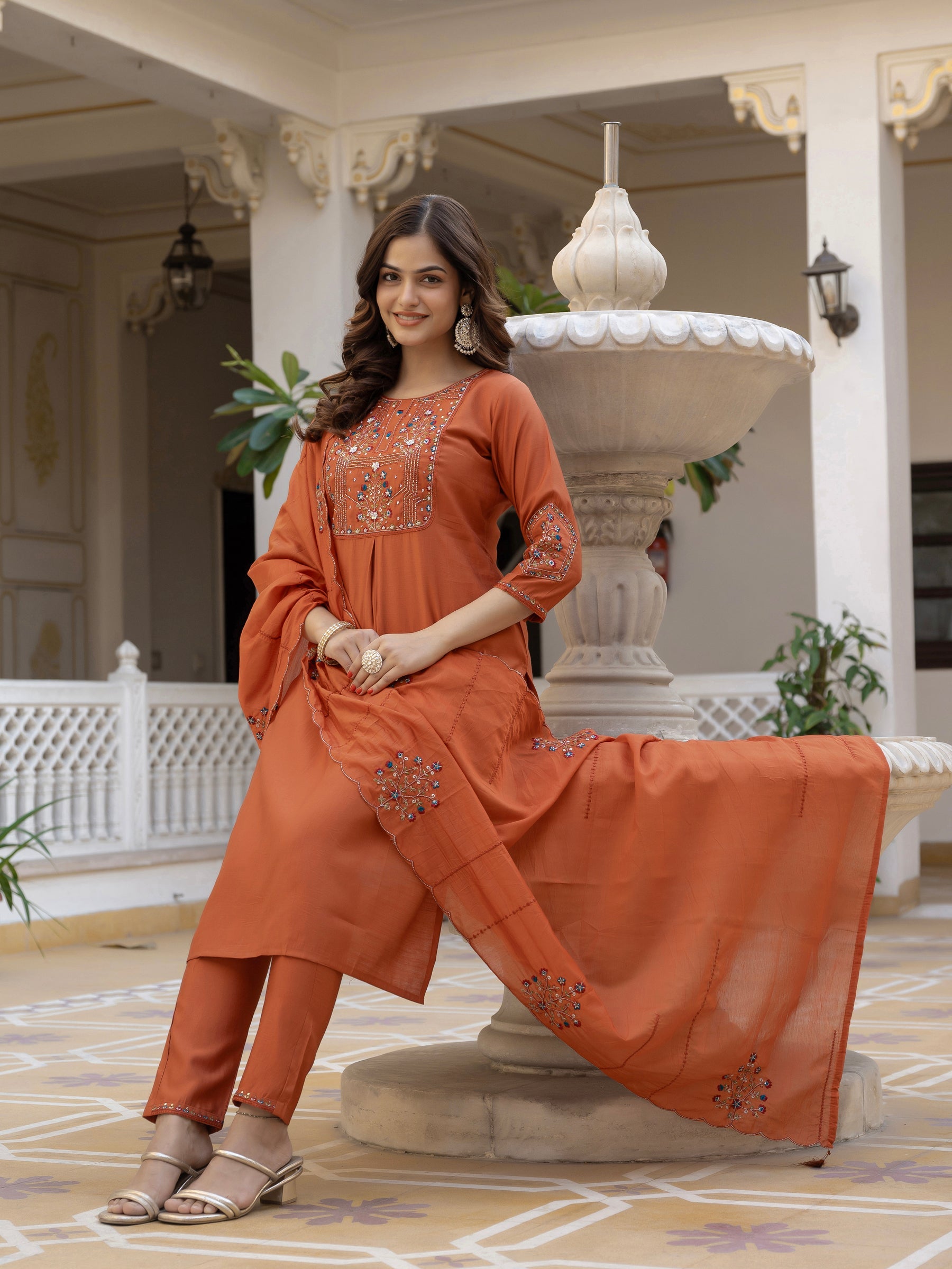 Lorenvalley Fashion Rust Viscose Mango Silk Multi Embroidery Sequins With Hand Work Kurta Pant Dupatta