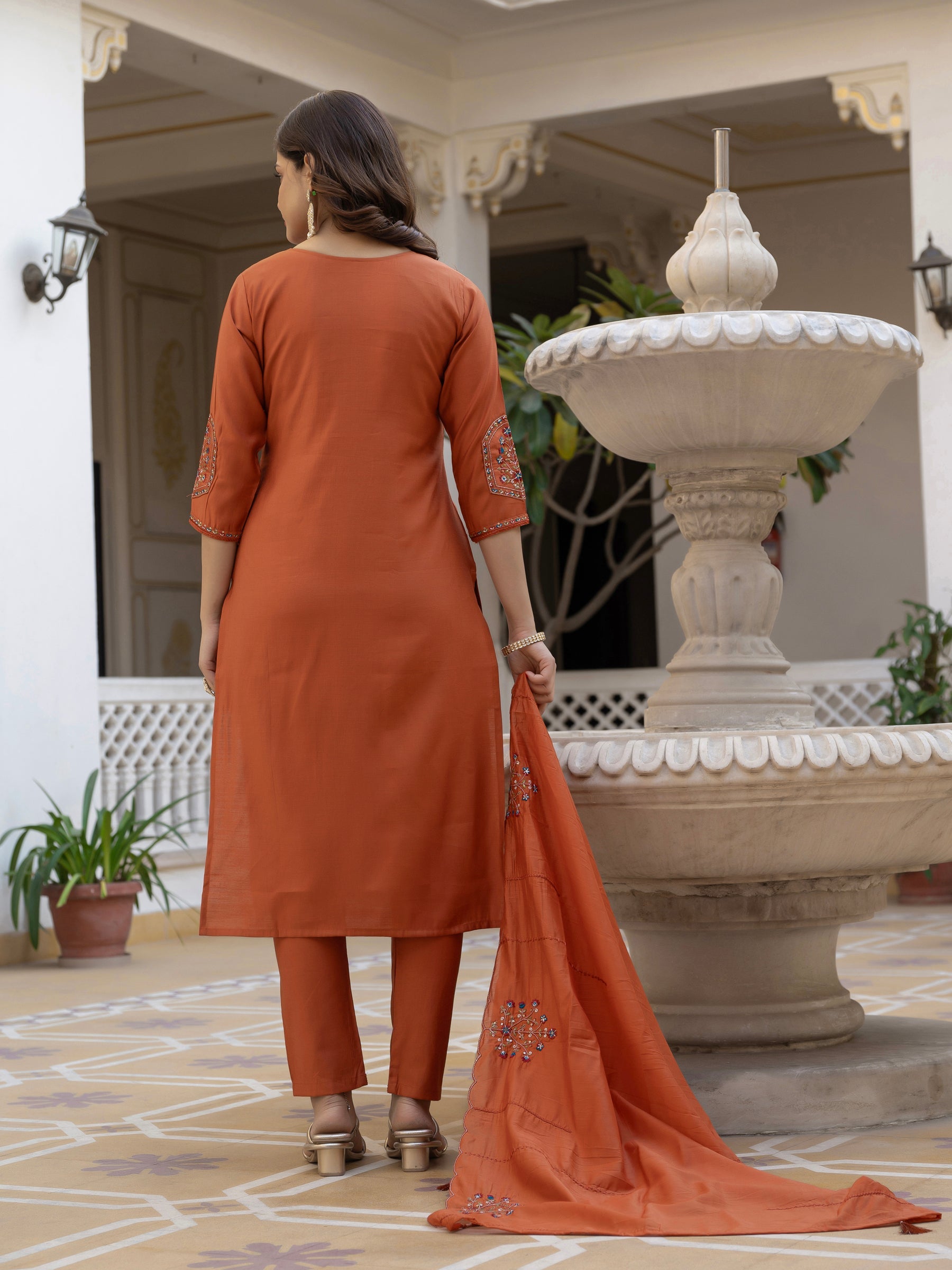 Lorenvalley Fashion Rust Viscose Mango Silk Multi Embroidery Sequins With Hand Work Kurta Pant Dupatta