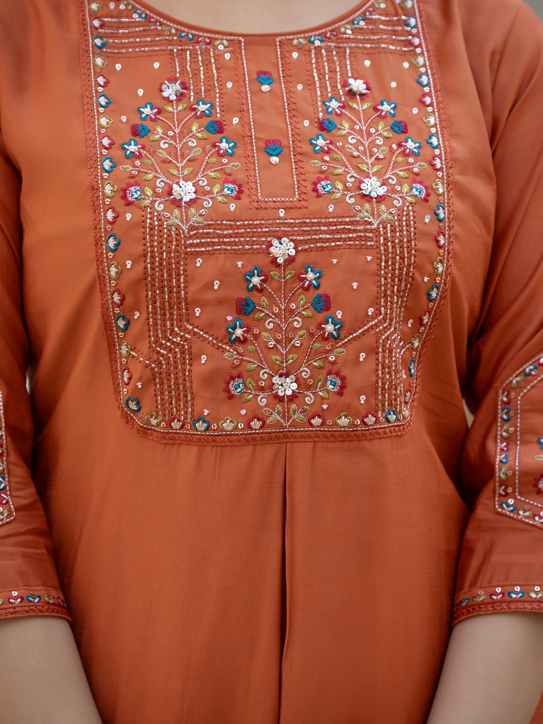 Lorenvalley Fashion Rust Viscose Mango Silk Multi Embroidery Sequins With Hand Work Kurta Pant Dupatta